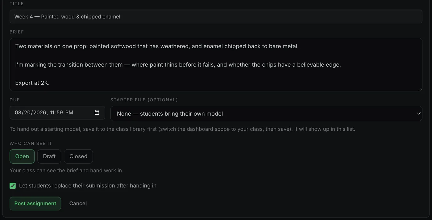 The assignment editor: title, brief, due date, starter file, and a visibility control set to Open.