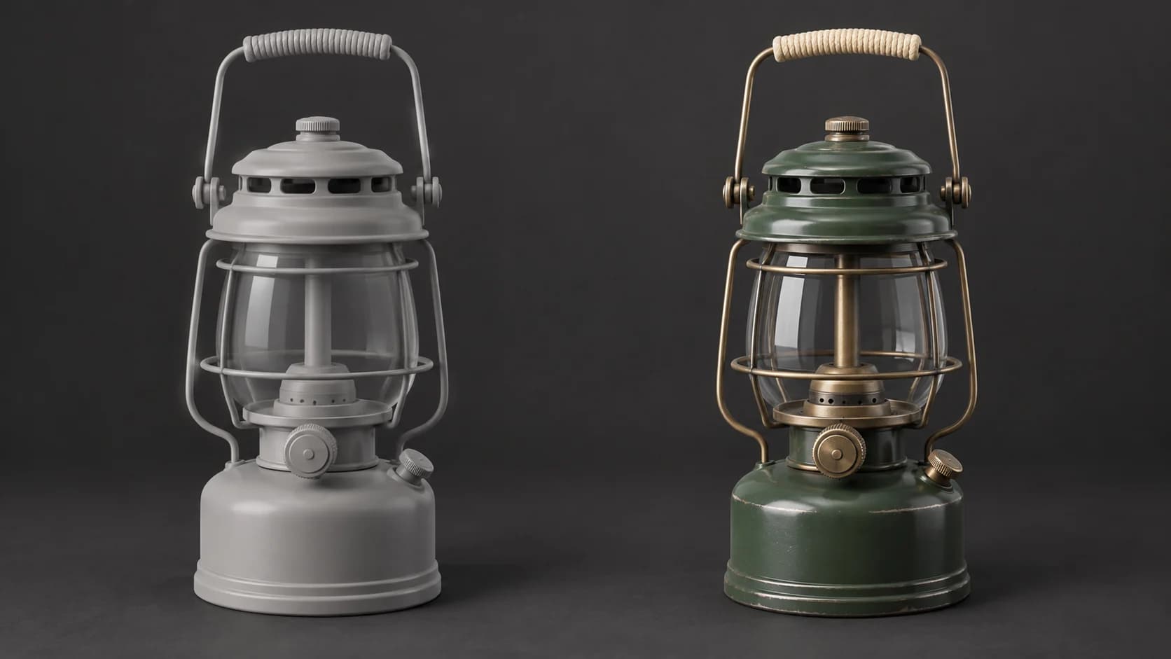 Two illustrative camping lantern studies: neutral clay on the left, green painted metal with brass fittings and glass on the right