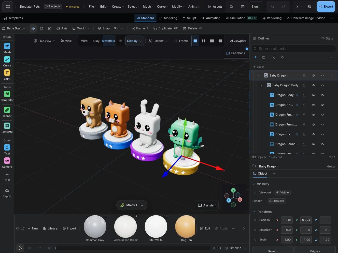 Mixos Studio on iPad, editing a colorful dog, cat, rabbit and dragon character collection with the scene tools visible