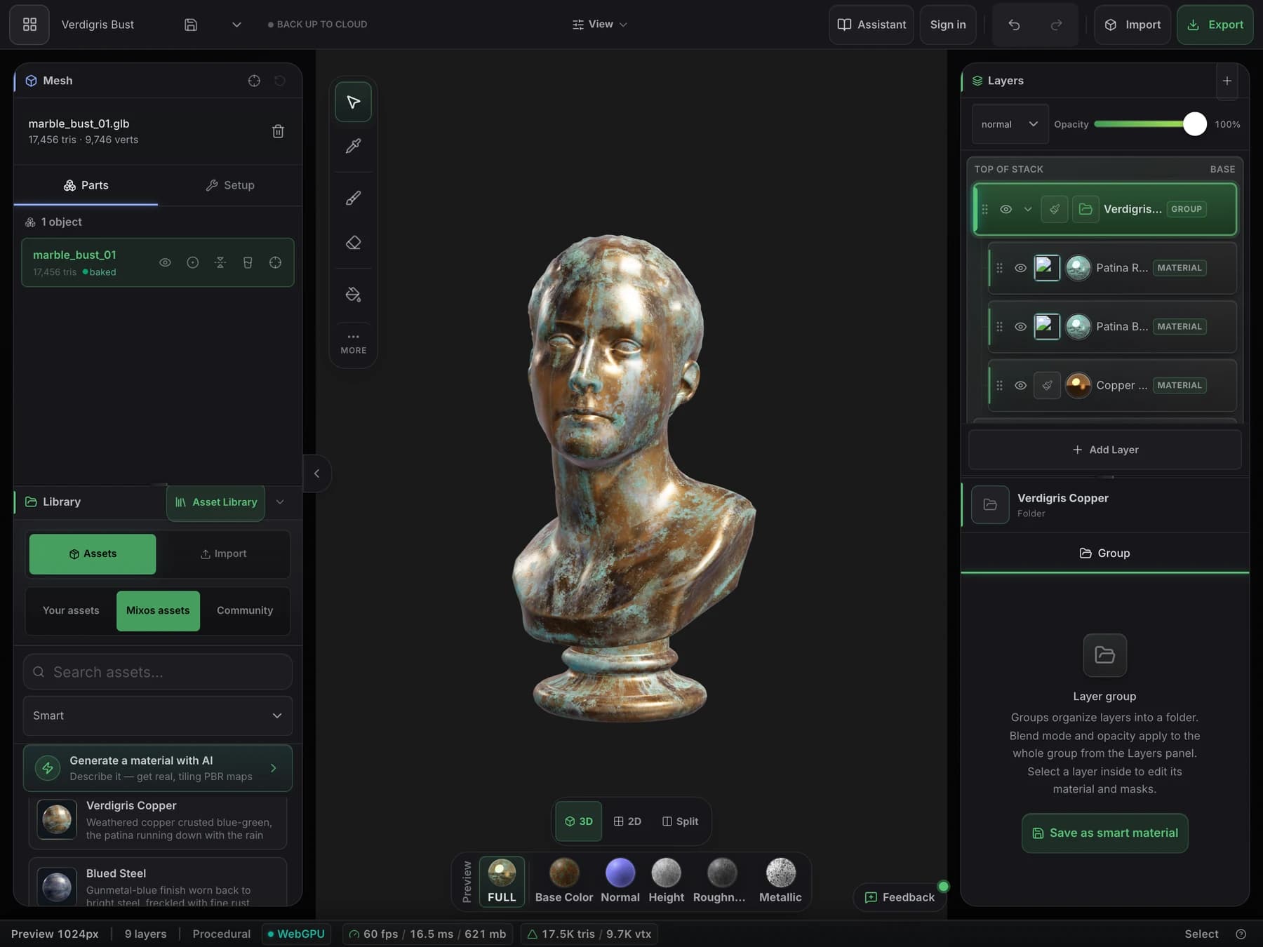 Paint on iPad texturing a copper bust with a material layer stack and PBR preview channels