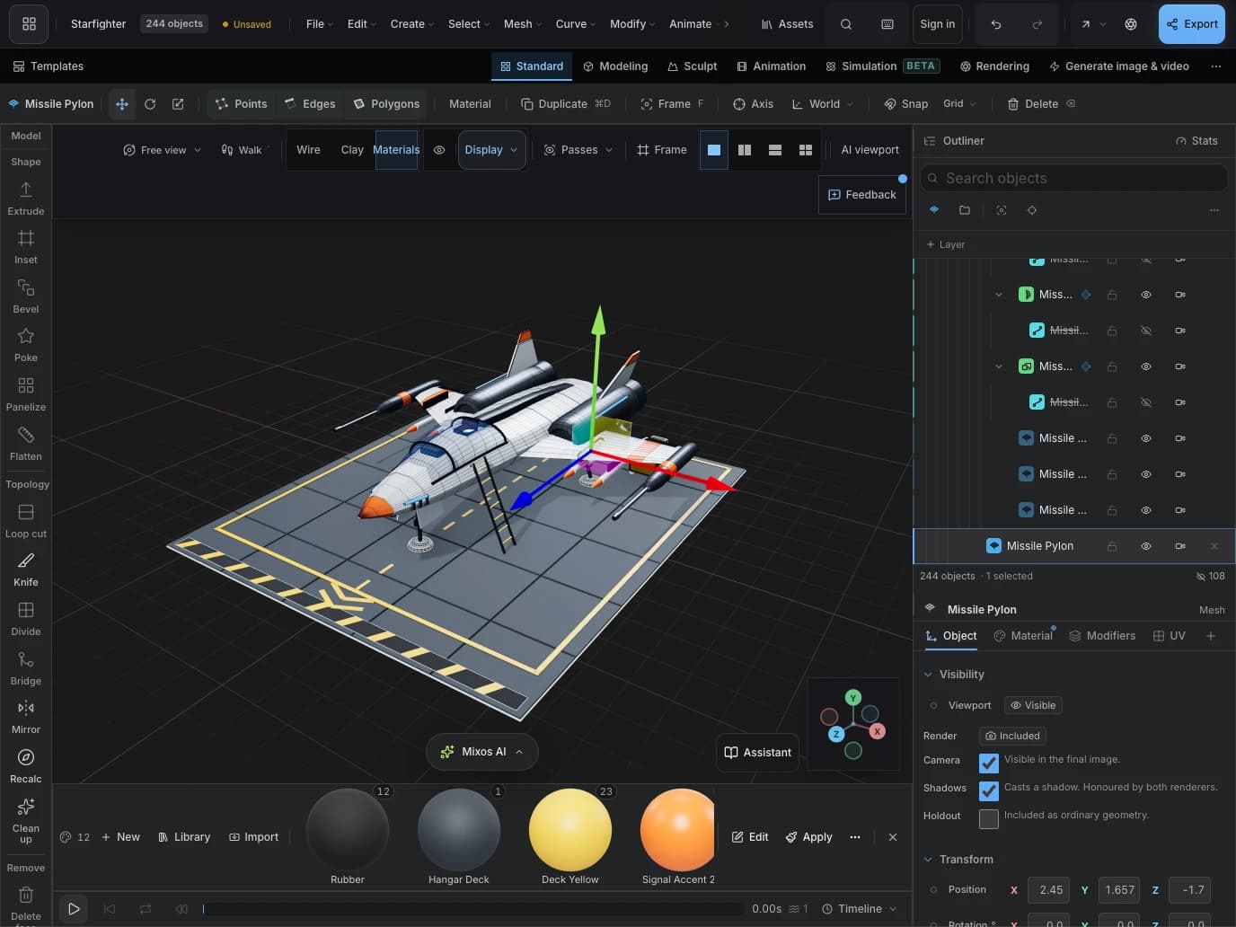 Mixos Studio on iPad, modeling a detailed starfighter with the mesh tools, outliner and materials visible