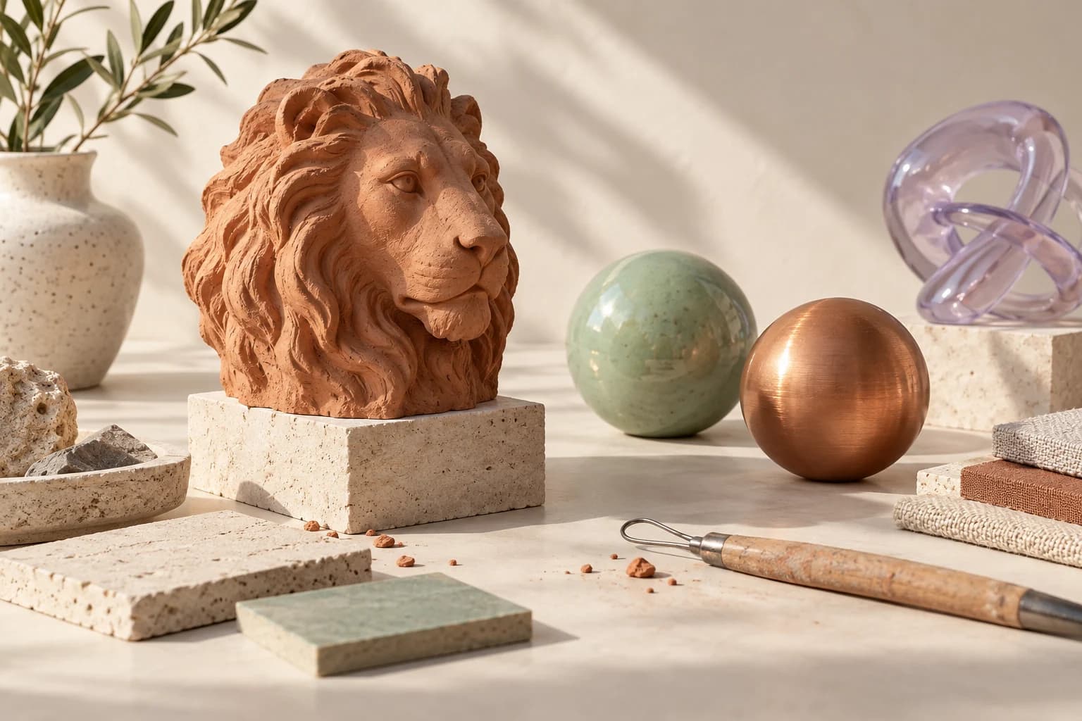 Creative still life with a terracotta lion sculpture, glazed ceramic, copper and translucent glass forms