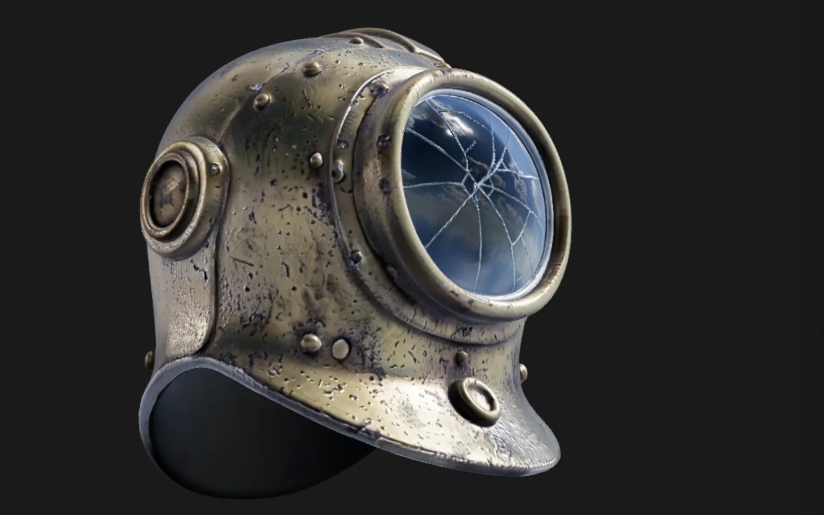a weathered brass diving helmet with rivets and a cracked glass porthole — generated as a 3D model from that prompt and shown in the Mixos viewport with its generated PBR textures applied.