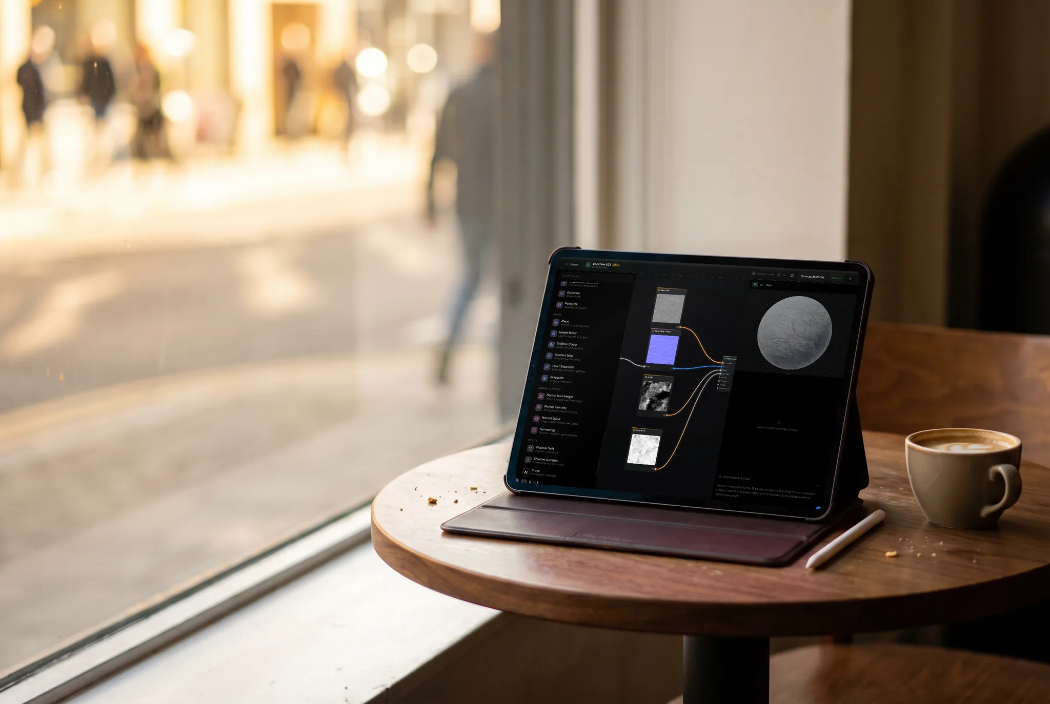 mixos Blend open on an iPad showing a procedural node graph wired into a live concrete material preview, propped in a stand on a cafe table beside a coffee, a sunlit street blurred behind.