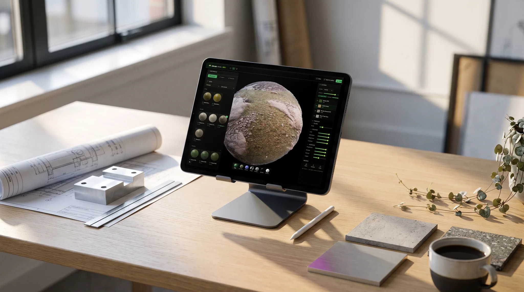 mixos Blend open on an iPad, on a white-oak desk in a sunlit studio, an Apple Pencil and material samples beside it.
