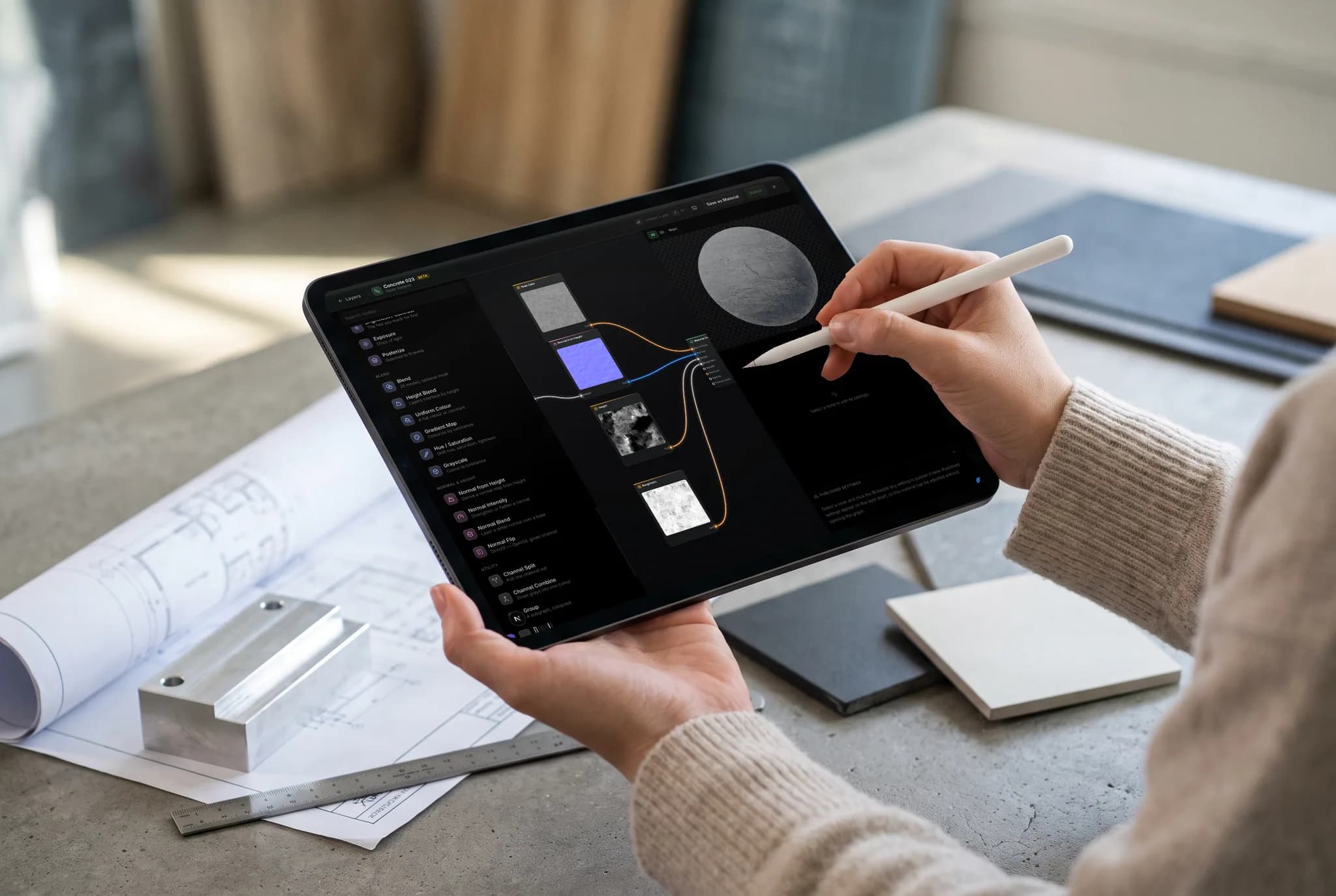 mixos Blend open on an iPad showing a procedural node graph wired into a live concrete material preview, held in both hands, an Apple Pencil touching the screen.