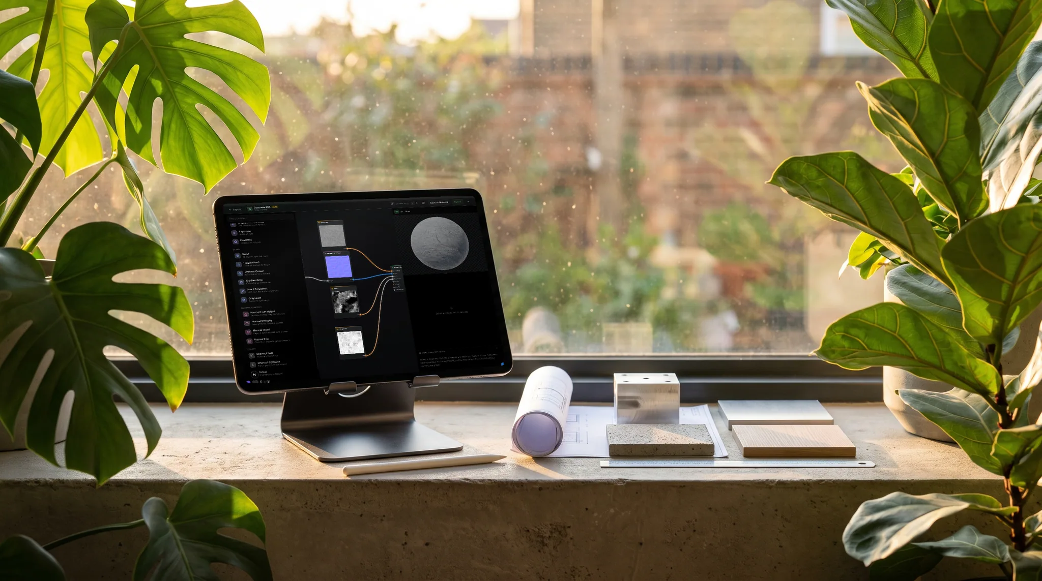 mixos Blend open on an iPad showing a procedural node graph wired into a live concrete material preview, on a concrete windowsill among backlit houseplants.