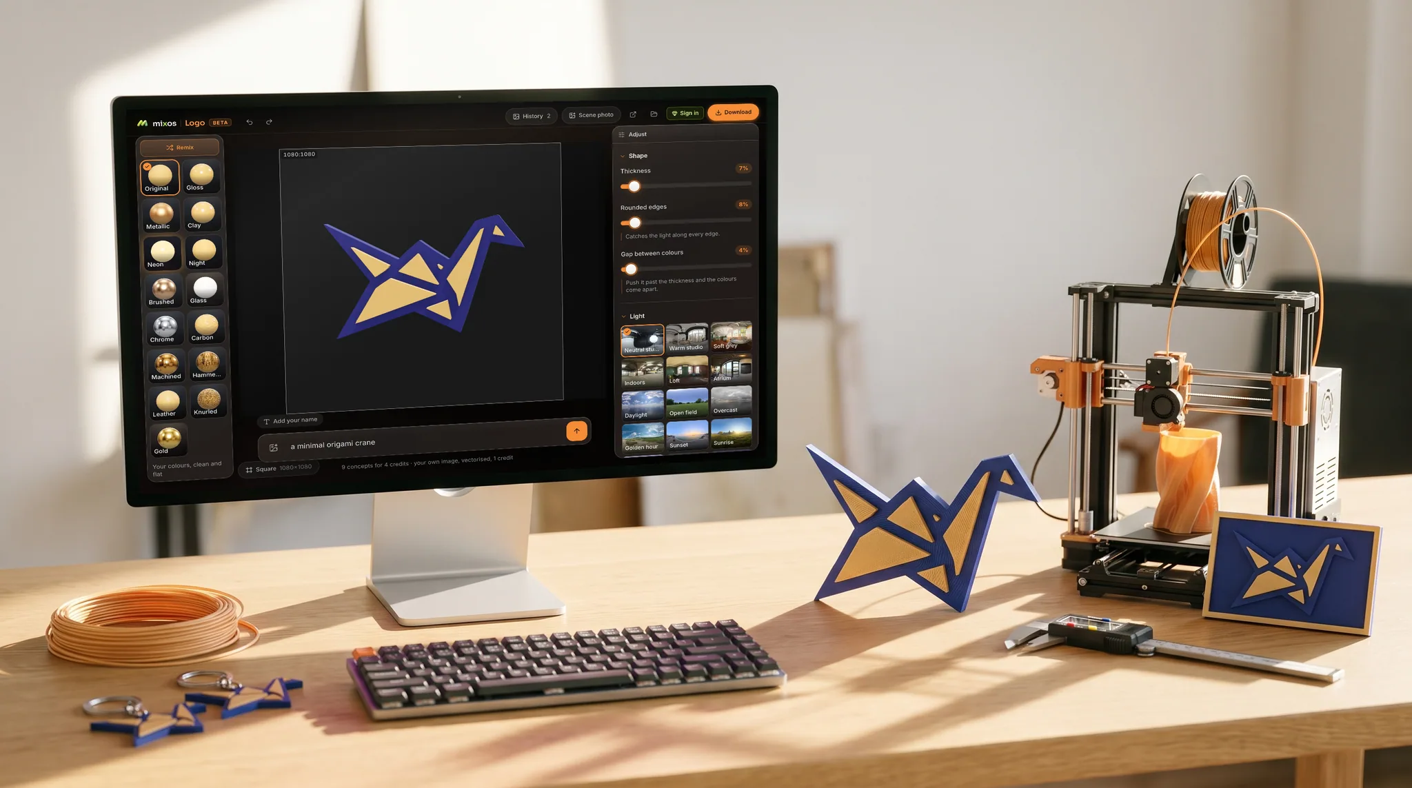 mixos Logo open on a desktop screen showing an origami crane mark in gold and indigo, extruded into layered 3D, on a white-oak desk in raking afternoon light, a 3D print of the same mark standing beside it.