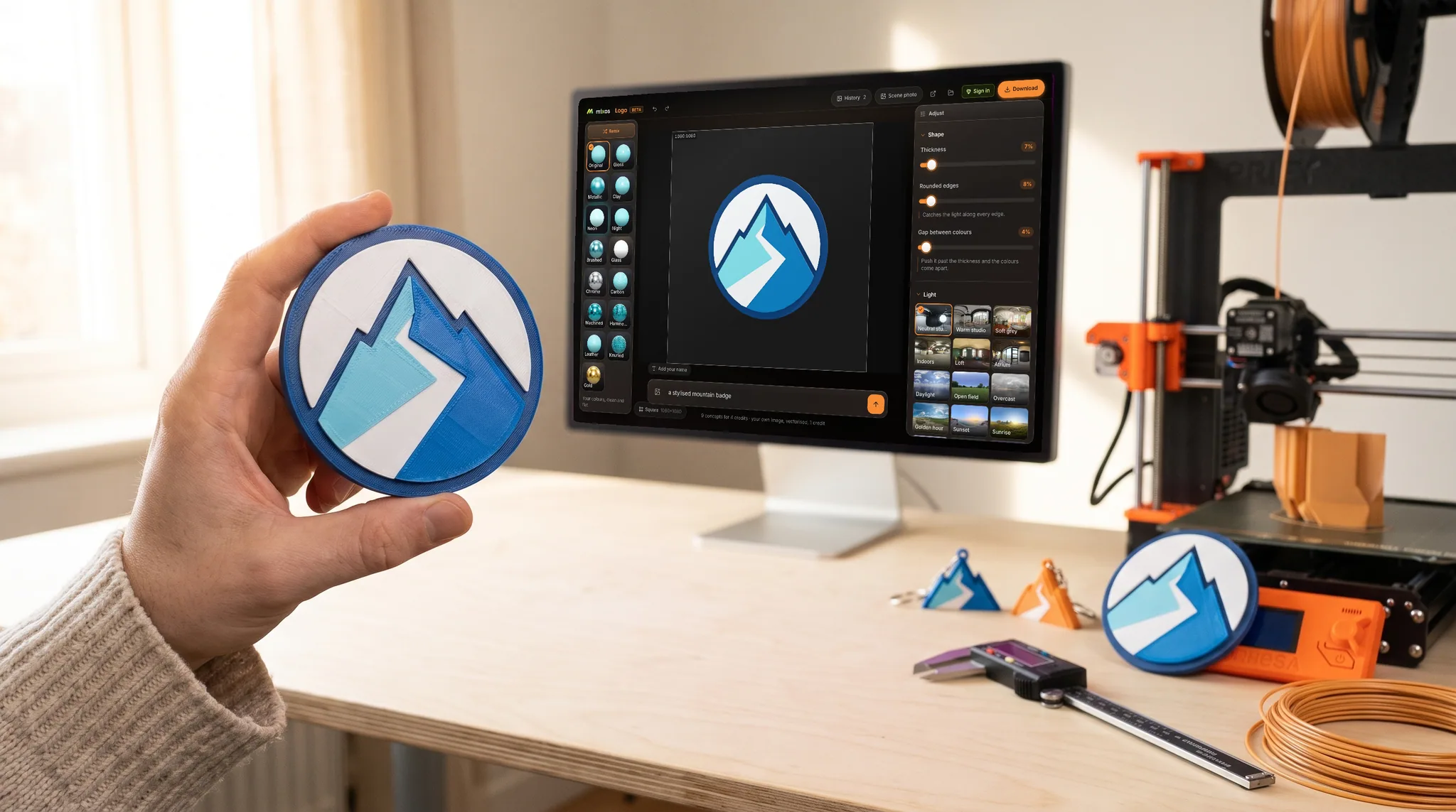 mixos Logo open on a desktop screen showing a geometric mountain mark extruded into layered 3D, on a desk behind a hand holding up a 3D print of the same mark.