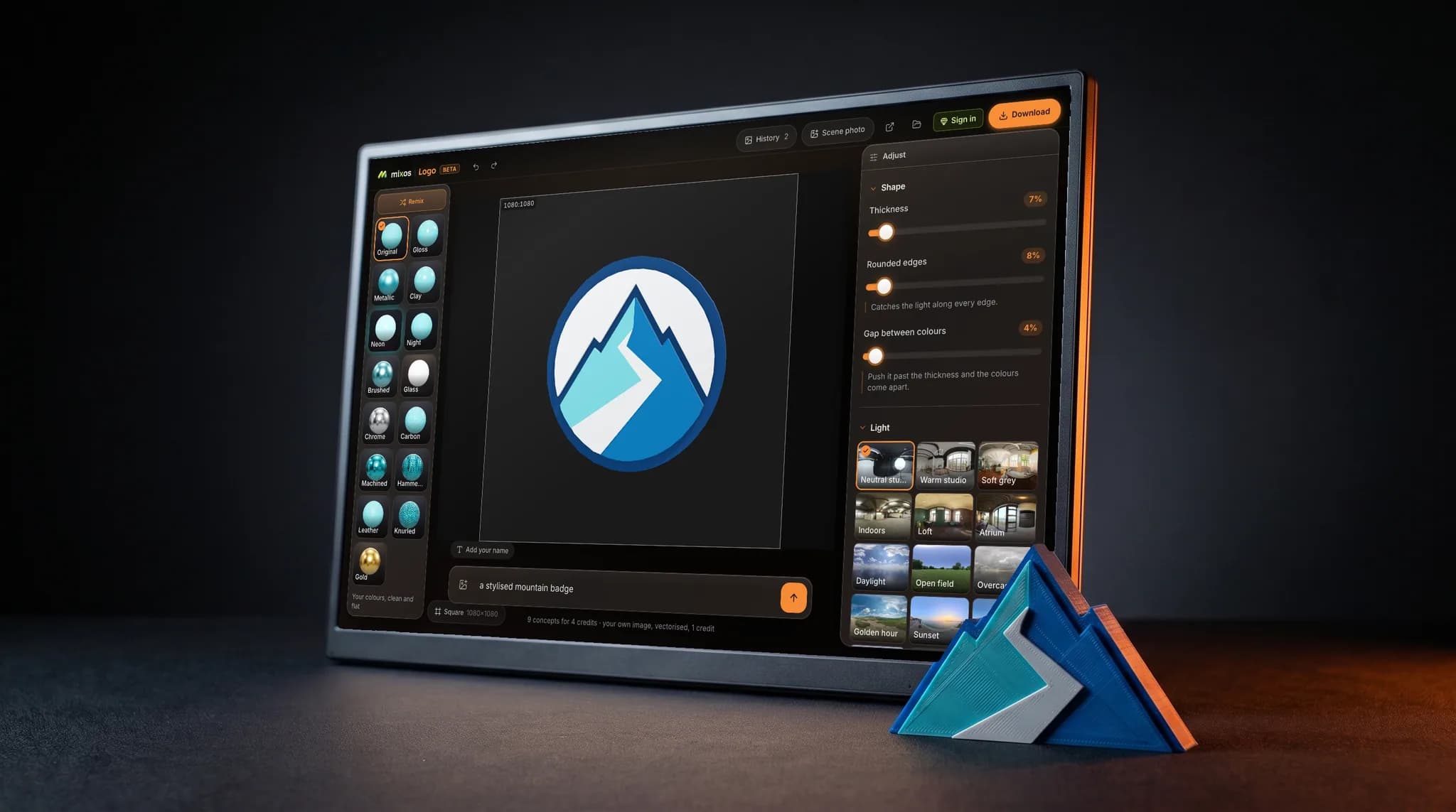 mixos Logo open on a desktop screen showing a geometric mountain mark extruded into layered 3D, against a near-black backdrop, a 3D print of the same mark rim-lit beside it.