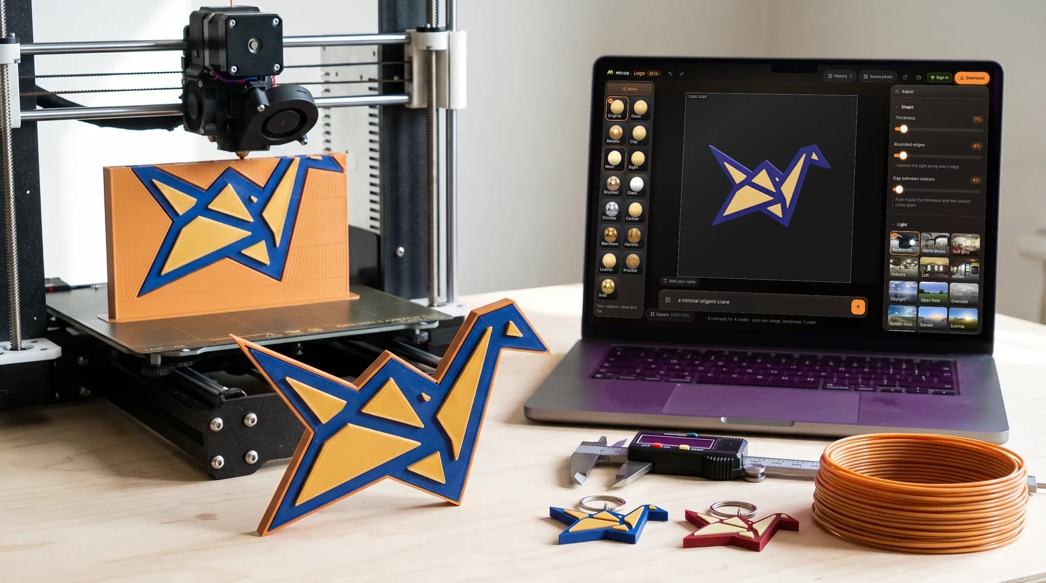 Une imprimante 3D de bureau en cours d'impression d'une plaque de logo en filament orange, une impression finie du même motif posée sur le banc devant elle, et un ordinateur portable exécutant le créateur de logos en arrière-plan.