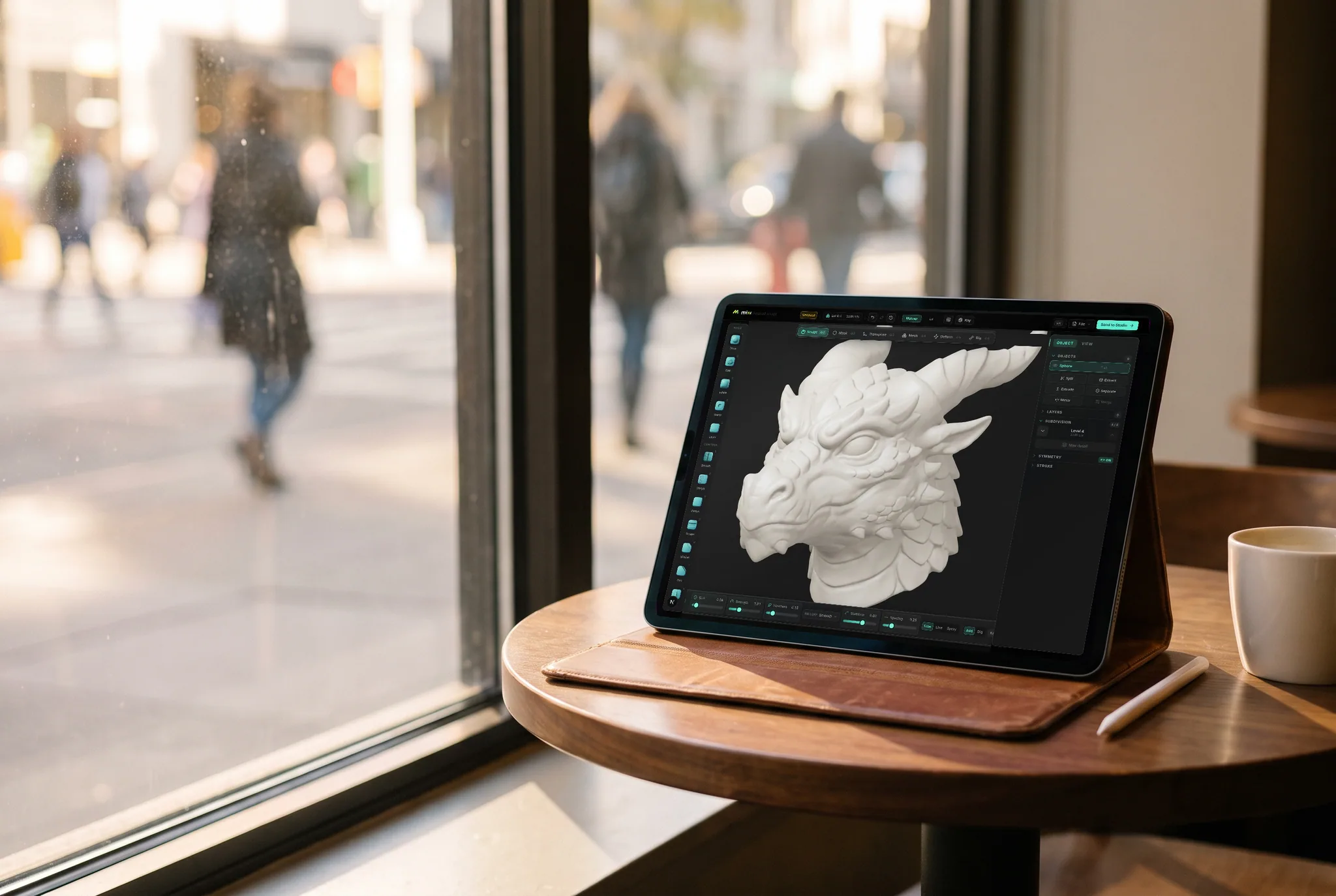 mixos Mold open on an iPad showing a horned dragon head sculpted in pale digital clay, propped in a stand on a cafe table beside a coffee, a sunlit street blurred behind.