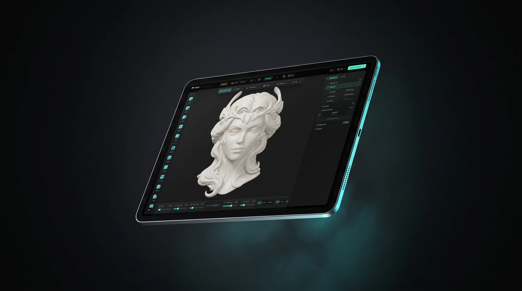 mixos Mold open on an iPad showing a flowing-haired figure bust sculpted in pale digital clay, floating at an angle against a near-black backdrop under a coloured rim light.