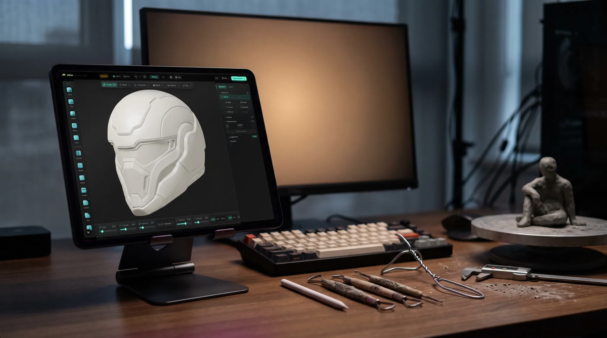 mixos Mold open on an iPad showing a segmented sci-fi helmet sculpted in pale digital clay, on a desk at dusk, a second screen glowing softly out of focus behind it.