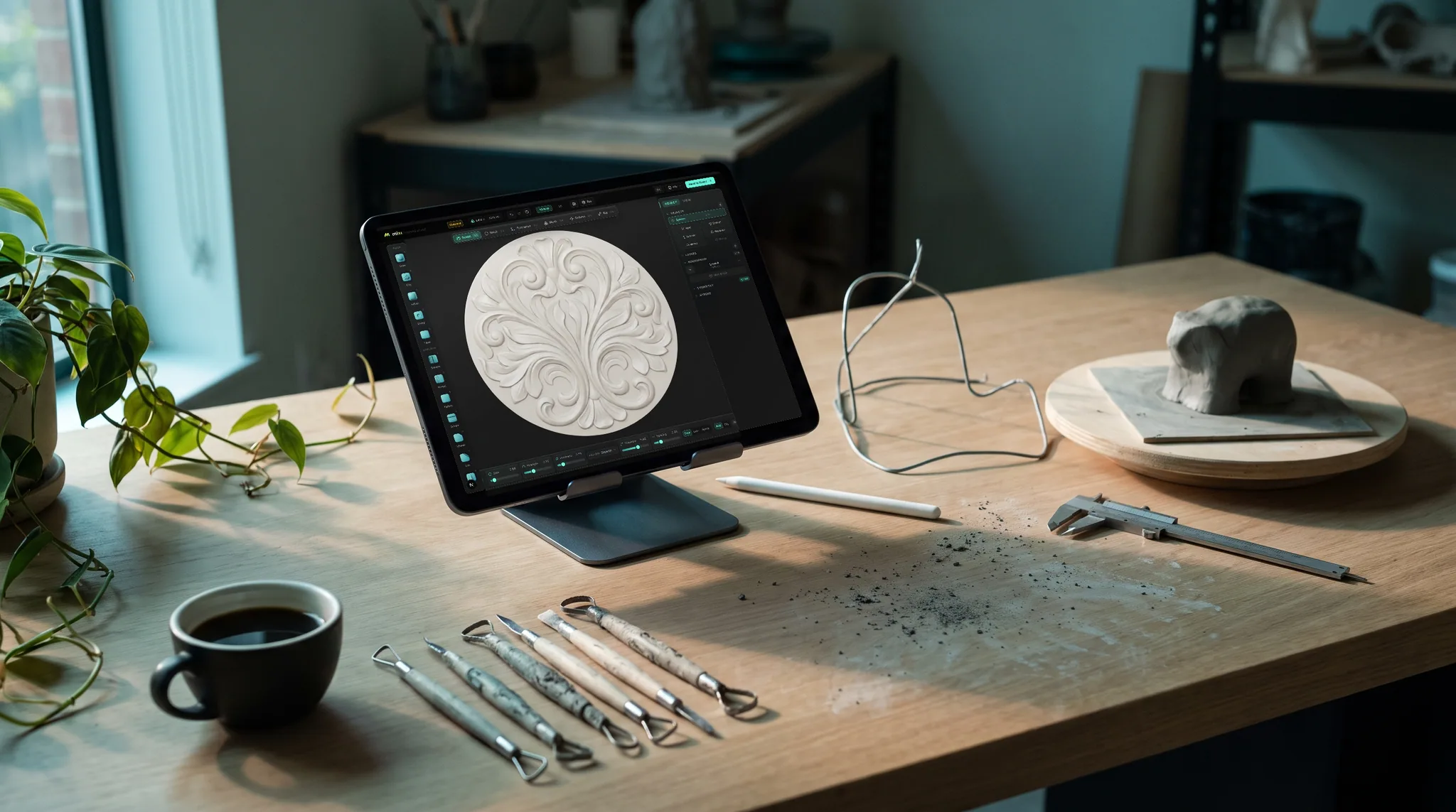 Mold открыт на iPad, стоящем на подставке на залитом солнцем верстаке; на экране — вырезанный медальон, вокруг — инструменты для скульптинга и глиняный макет.