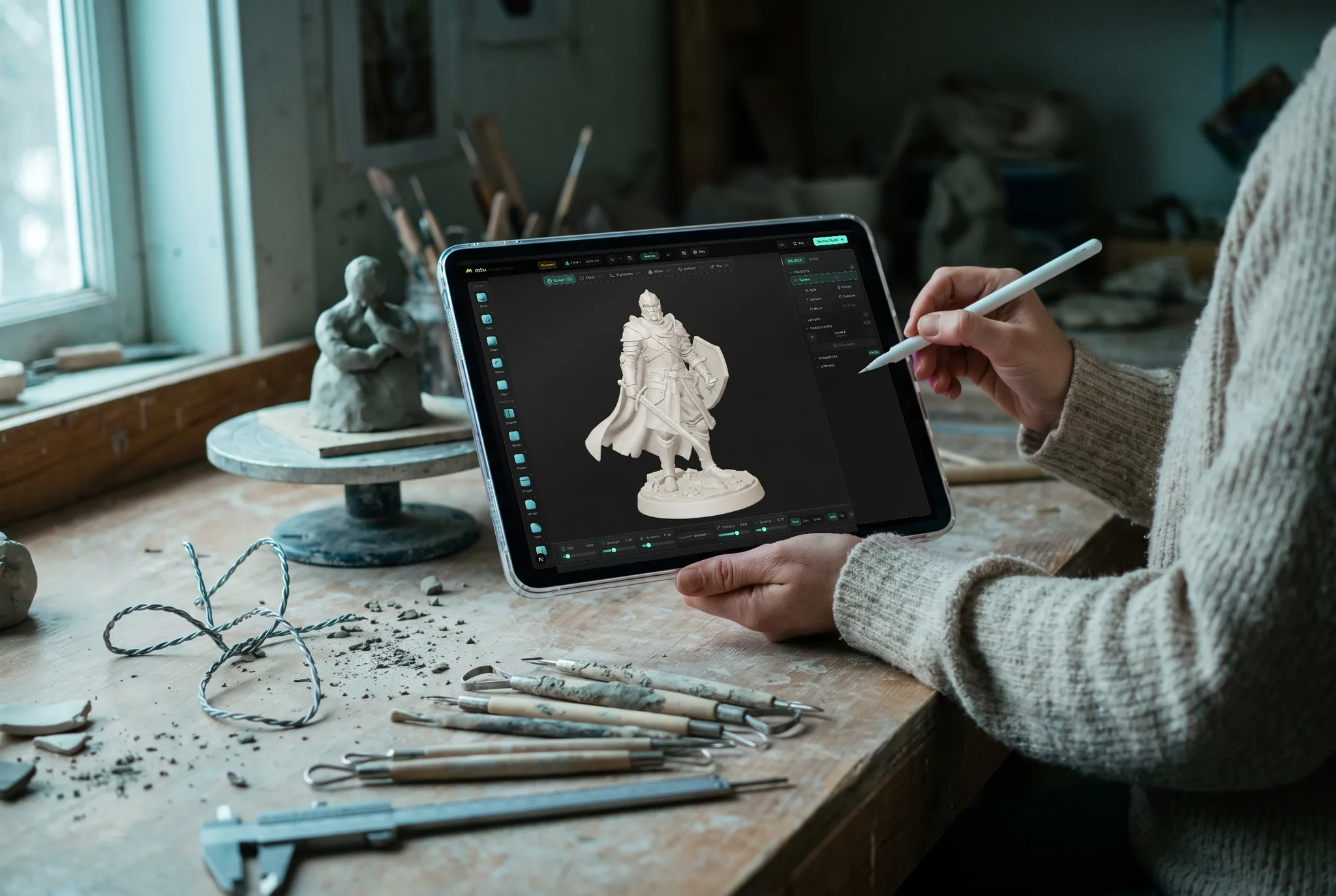 A hand sculpting a character miniature in Mold on an iPad with an Apple Pencil, clay tools and a wire armature on the bench beside it.