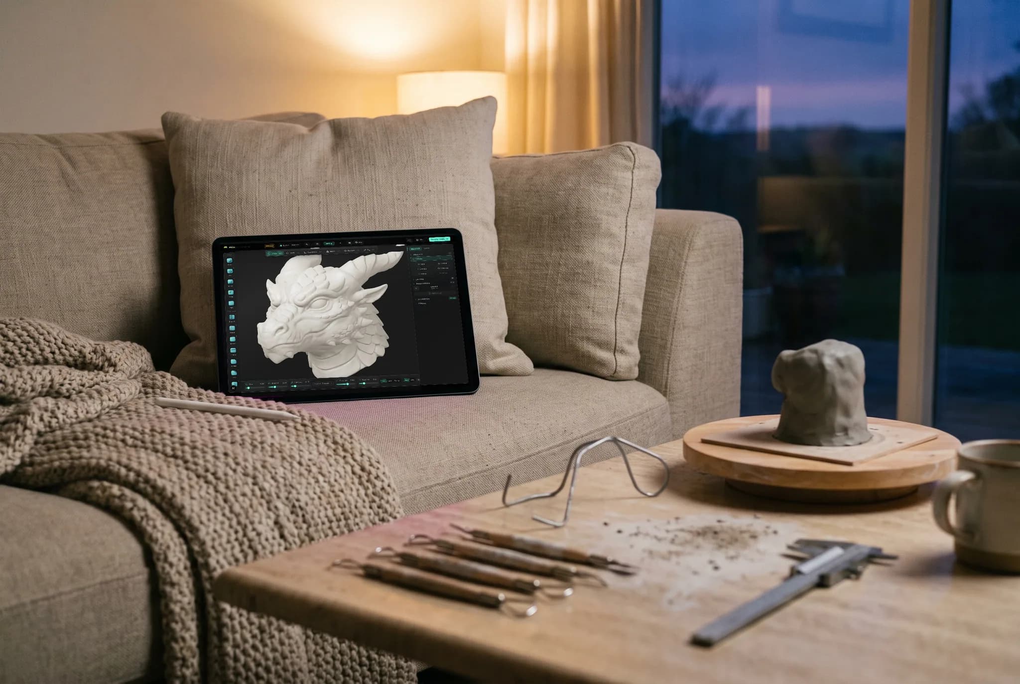 mixos Mold open on an iPad showing a horned dragon head sculpted in pale digital clay, propped against a cushion on a sofa in warm evening lamplight.