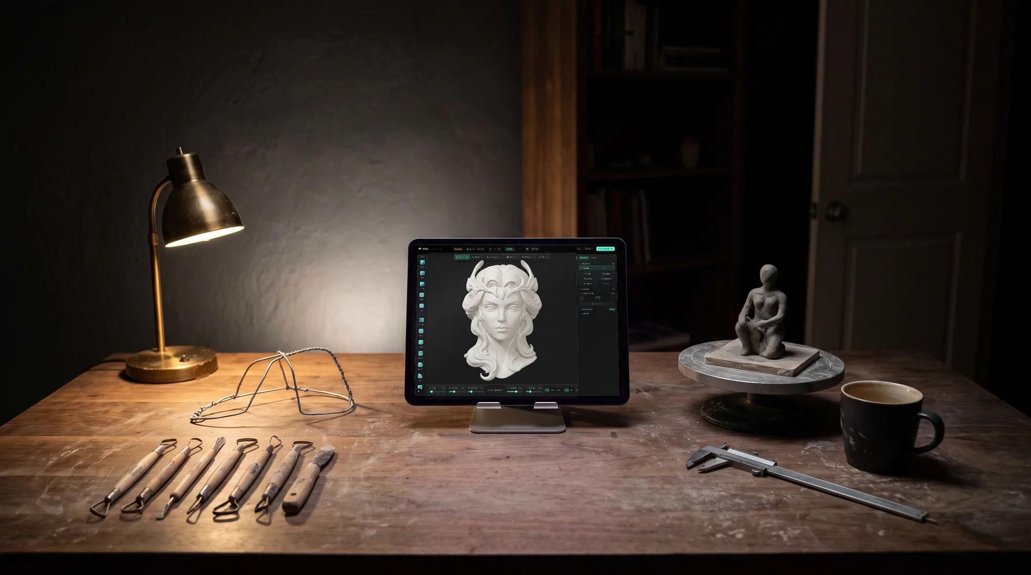 mixos Mold open on an iPad showing a flowing-haired figure bust sculpted in pale digital clay, on a walnut desk in a dark room, its screen the only real light in the frame.