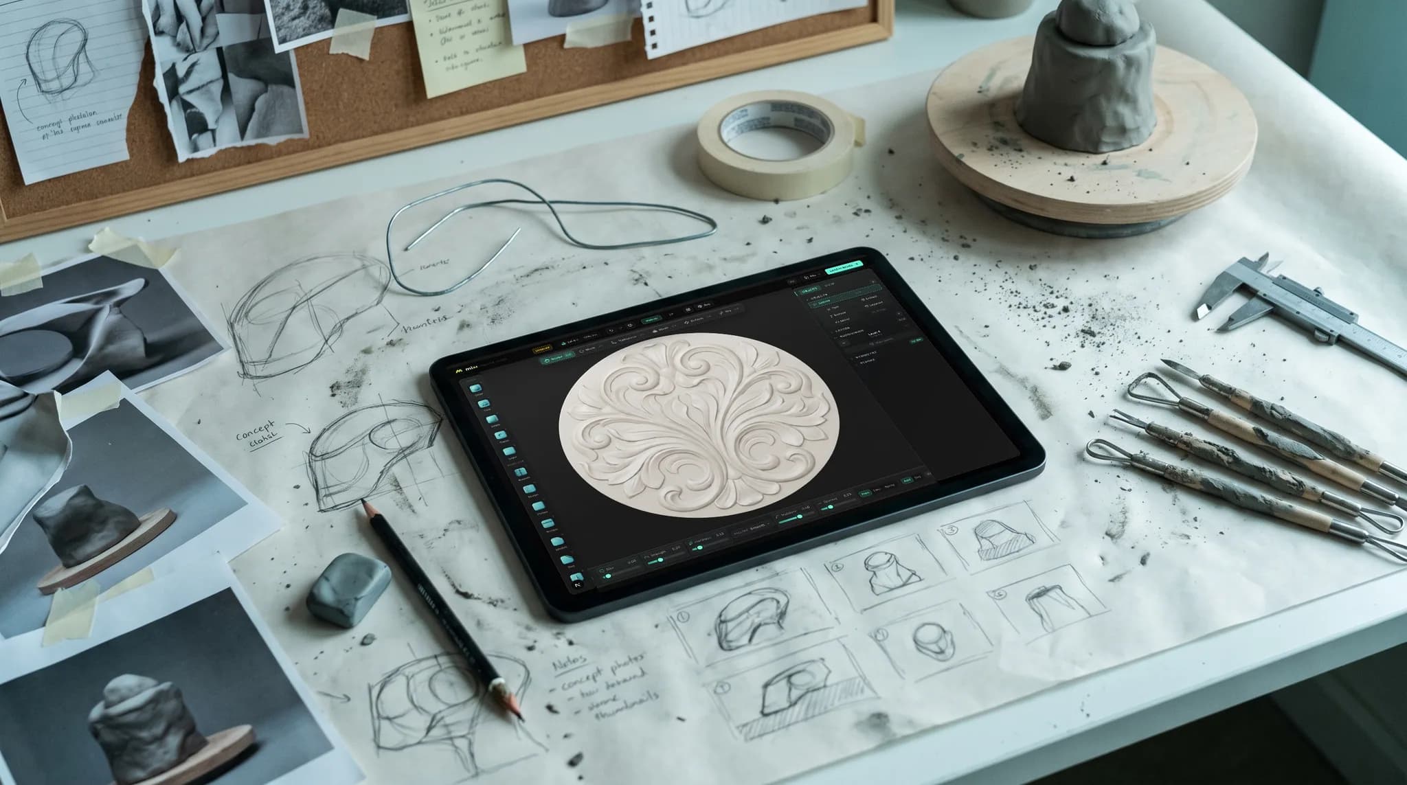 mixos Mold open on an iPad showing an oval medallion carved with scrollwork in pale digital clay, lying on a sheet of paper covered in pencil concept sketches of the same subject.
