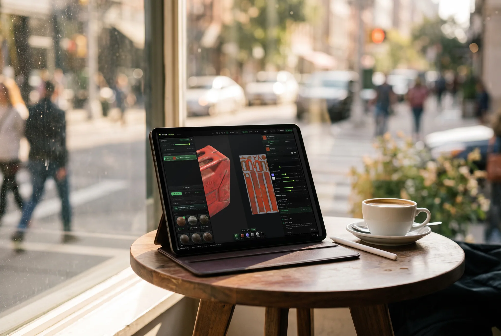 mixos Paint open on an iPad showing a rusted red steel jerrycan beside its flattened UV texture sheet, propped in a stand on a cafe table beside a coffee, a sunlit street blurred behind.
