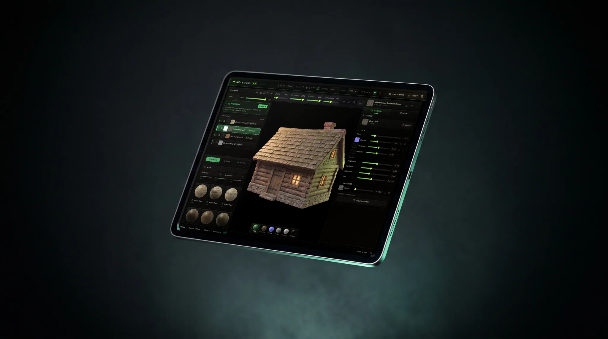 mixos Paint open on an iPad showing a timber log cabin with a shingled roof, fully textured, floating at an angle against a near-black backdrop under a coloured rim light.