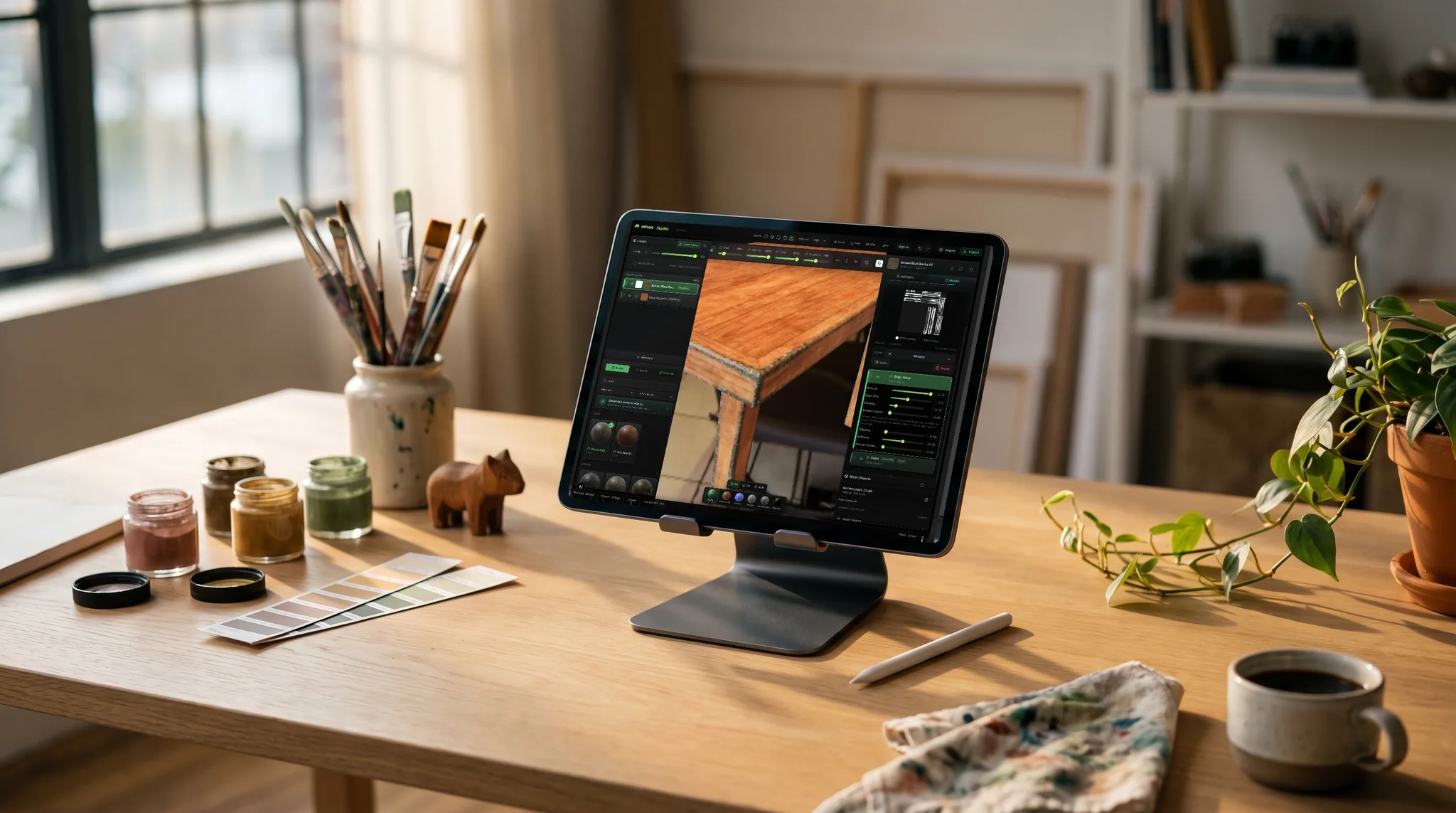 mixos Paint open on an iPad showing a wooden table with worn, dirt-darkened edges, on a white-oak desk in a sunlit studio, an Apple Pencil and material samples beside it.