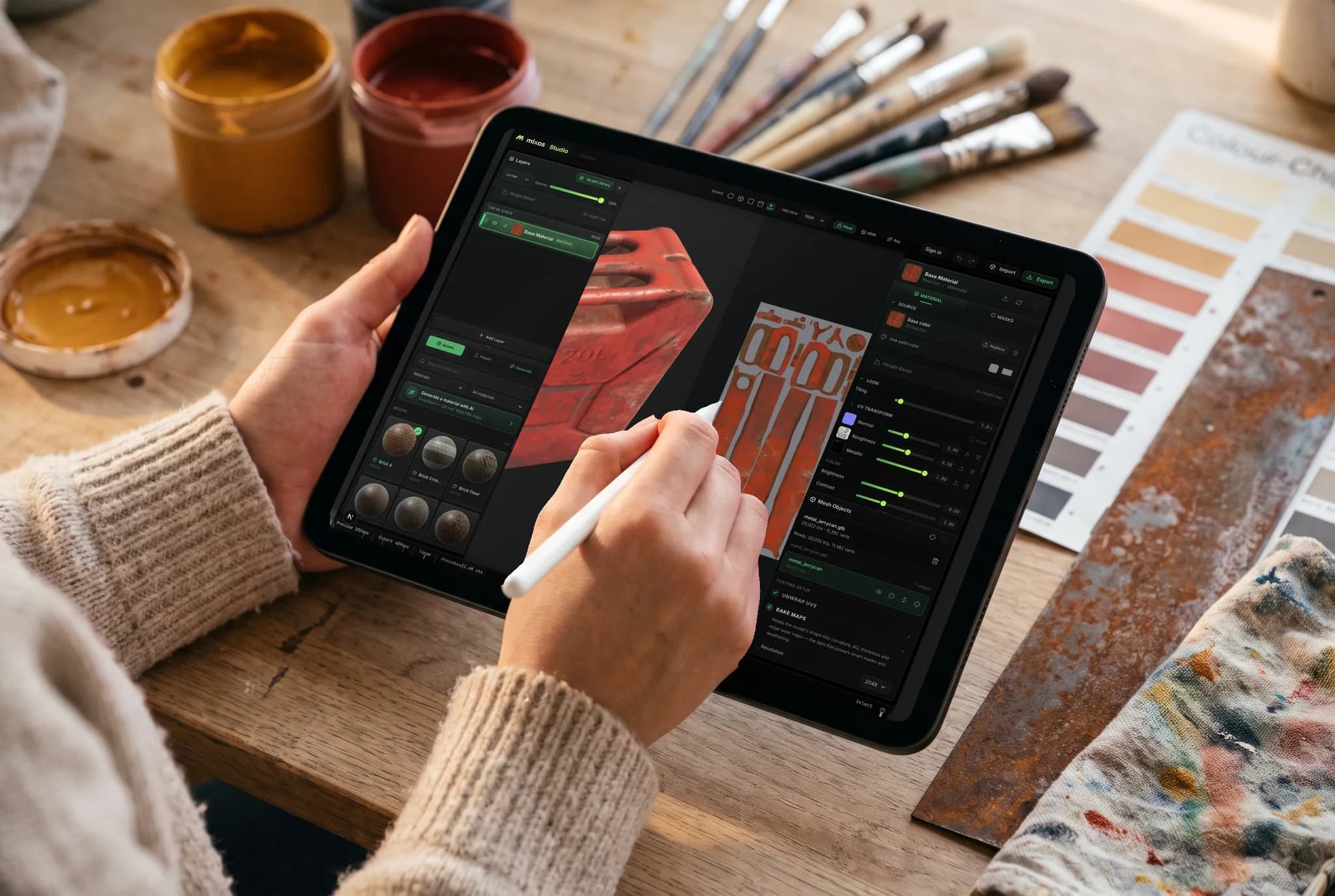 mixos Paint open on an iPad showing a rusted red steel jerrycan beside its flattened UV texture sheet, held in both hands, an Apple Pencil touching the screen.