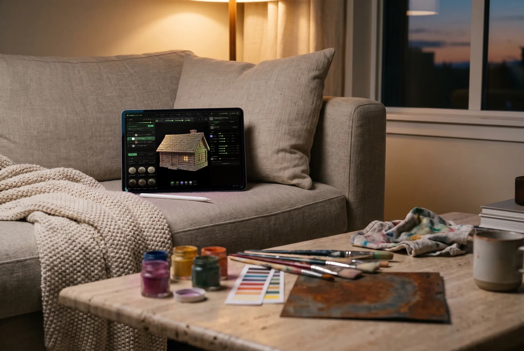 mixos Paint open on an iPad showing a timber log cabin with a shingled roof, fully textured, propped against a cushion on a sofa in warm evening lamplight.
