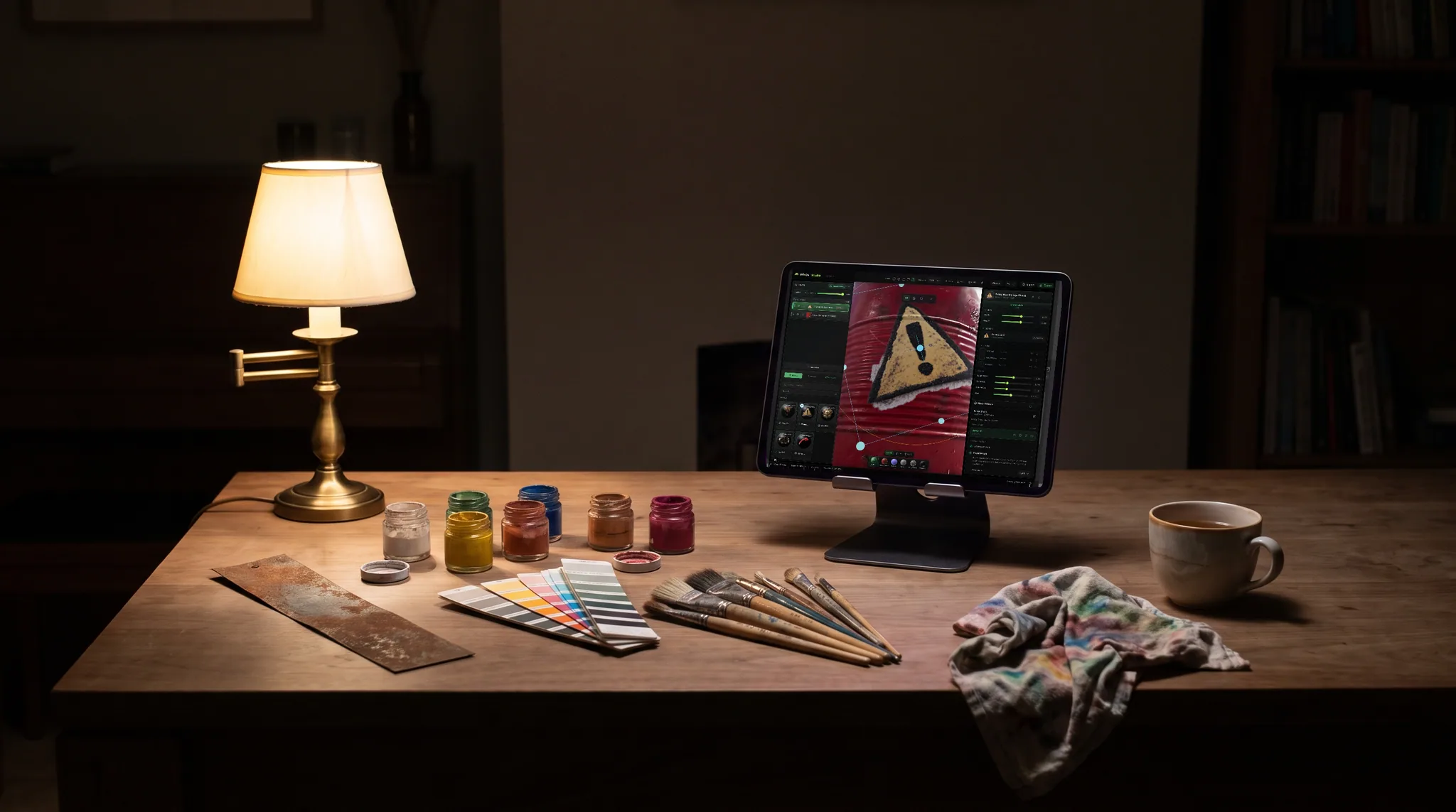 mixos Paint open on an iPad showing a red steel barrel with a weathered hazard decal being placed on it, on a walnut desk in a dark room, its screen the only real light in the frame.