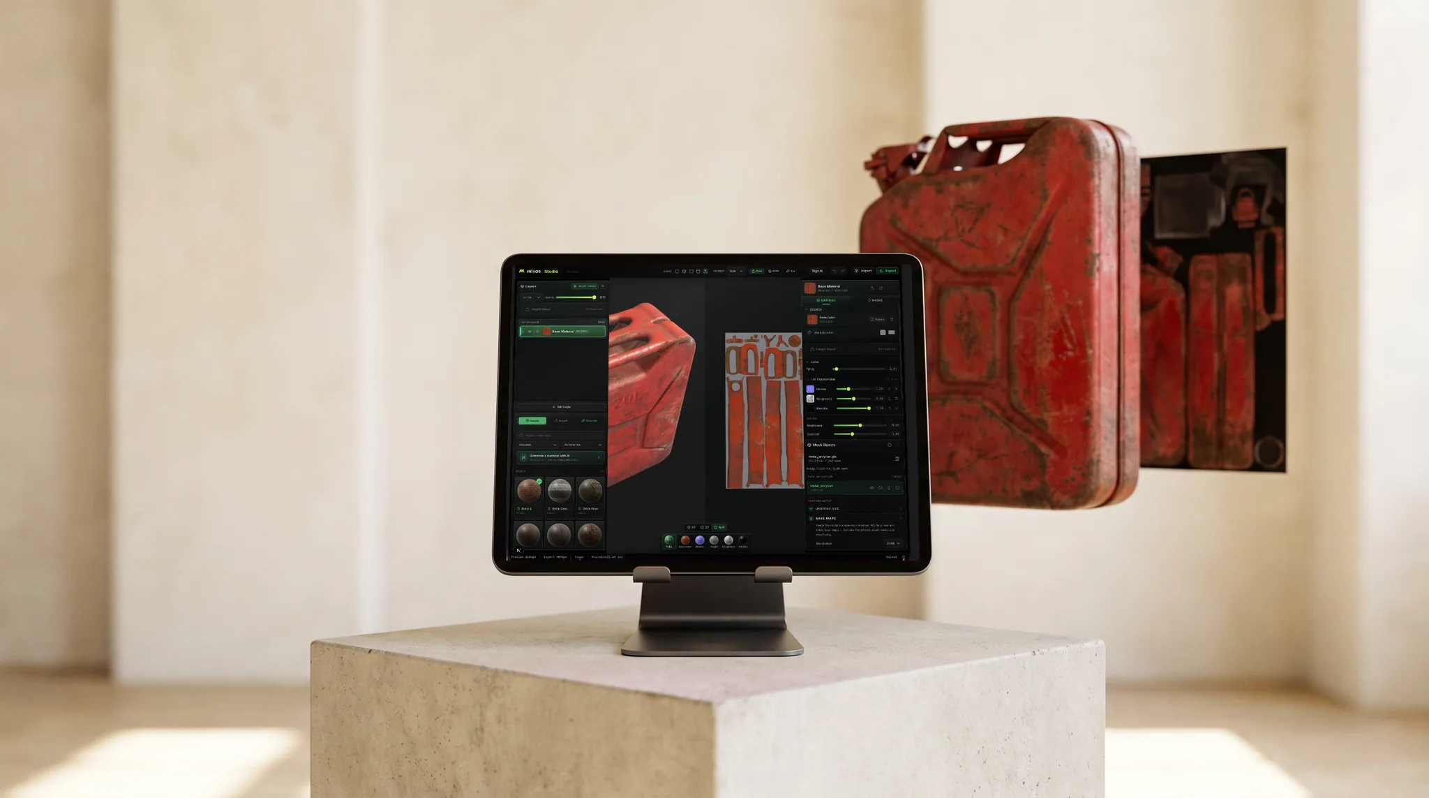 mixos Paint open on an iPad showing a rusted red steel jerrycan beside its flattened UV texture sheet, on a plinth, with the real physical version of the same subject behind it.