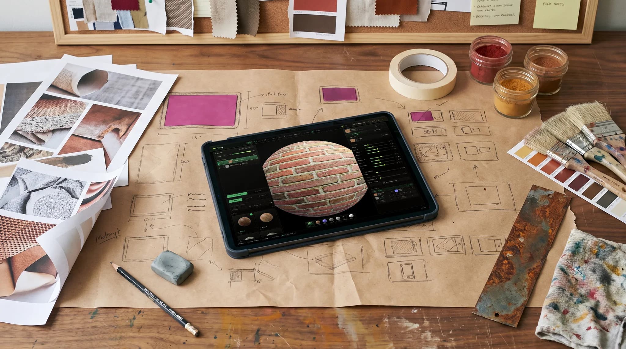 mixos Paint open on an iPad showing a brick material previewed on a sphere, lying on a sheet of paper covered in pencil concept sketches of the same subject.