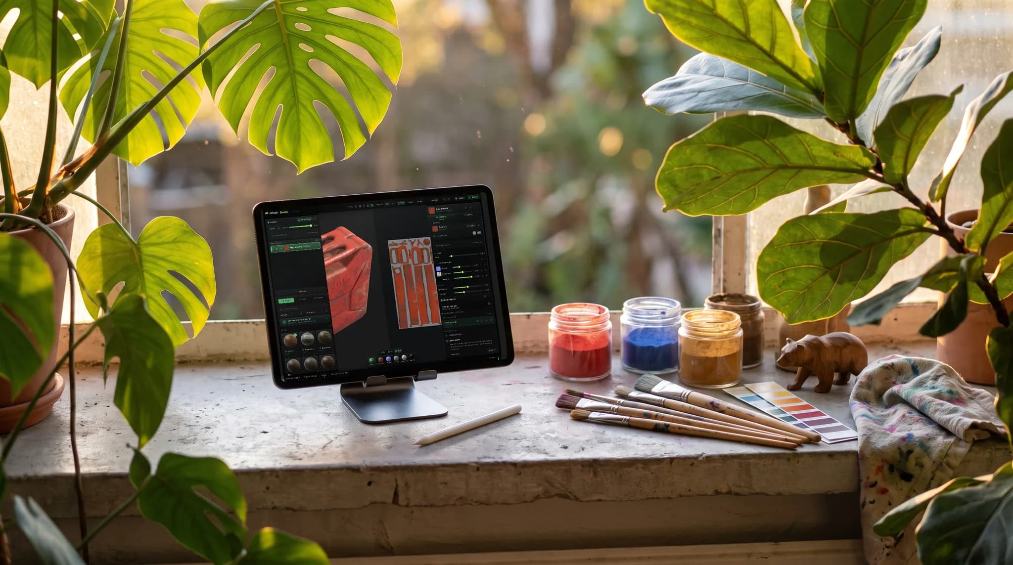 mixos Paint open on an iPad showing a rusted red steel jerrycan beside its flattened UV texture sheet, on a concrete windowsill among backlit houseplants.