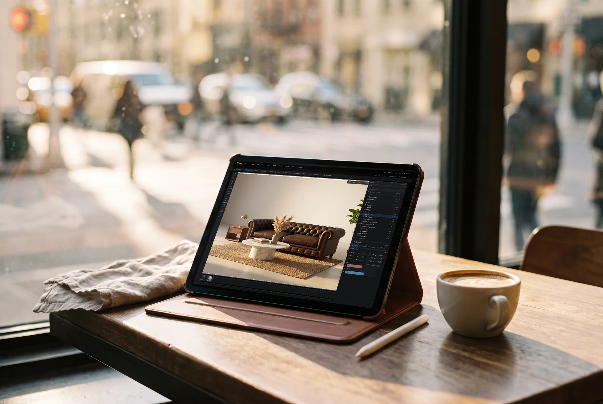 mixos Studio open on an iPad showing a brown tufted leather chesterfield sofa, a marble coffee table and a fiddle-leaf fig, propped in a stand on a cafe table beside a coffee, a sunlit street blurred behind.