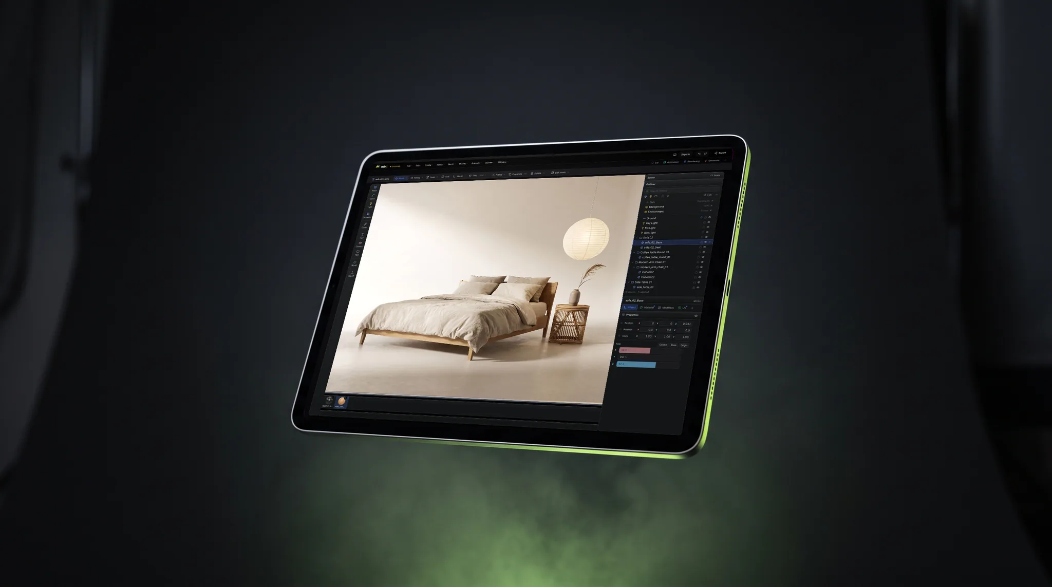 mixos Studio open on an iPad showing a low oak bed made up in oatmeal linen beside a paper globe lamp, floating at an angle against a near-black backdrop under a coloured rim light.