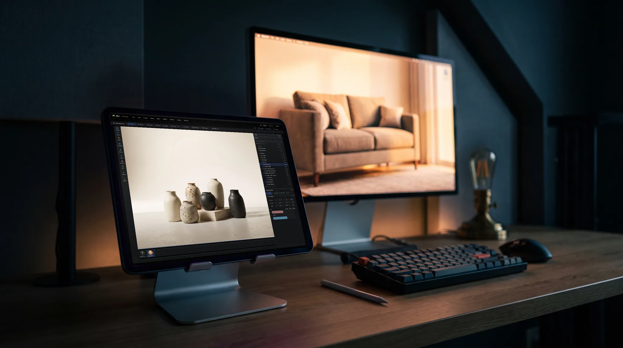 mixos Studio open on an iPad showing a cluster of handmade stoneware vessels on a travertine plinth, on a desk at dusk, a second screen glowing softly out of focus behind it.