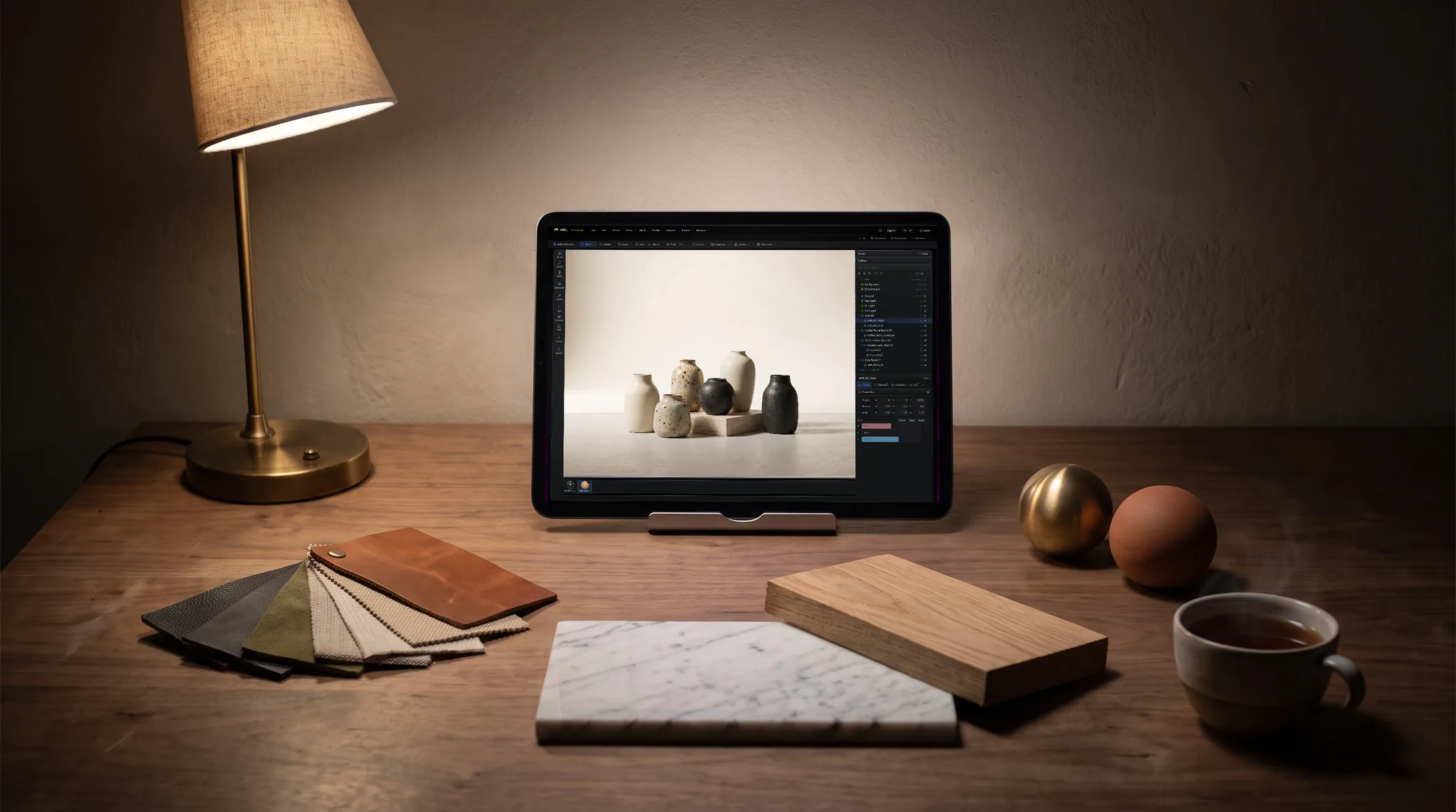 mixos Studio open on an iPad showing a cluster of handmade stoneware vessels on a travertine plinth, on a walnut desk in a dark room, its screen the only real light in the frame.