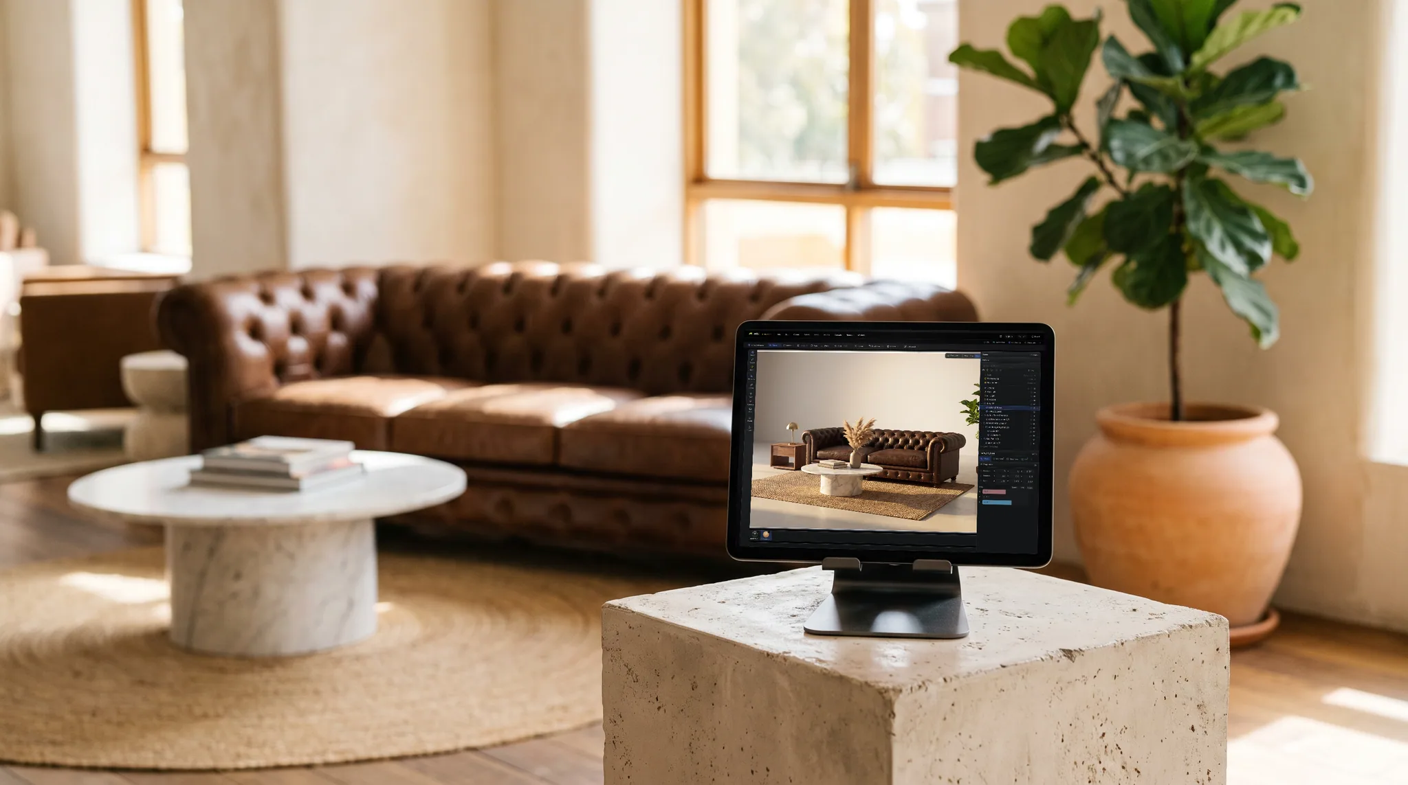 mixos Studio open on an iPad showing a brown tufted leather chesterfield sofa, a marble coffee table and a fiddle-leaf fig, on a plinth, with the real physical version of the same subject behind it.