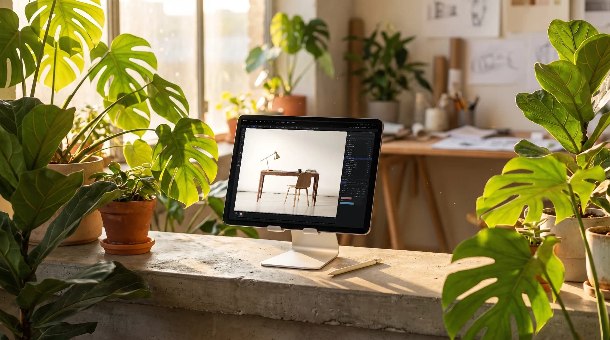 mixos Studio open on an iPad showing a walnut desk, a moulded plywood chair and a brass task lamp, on a concrete windowsill among backlit houseplants.