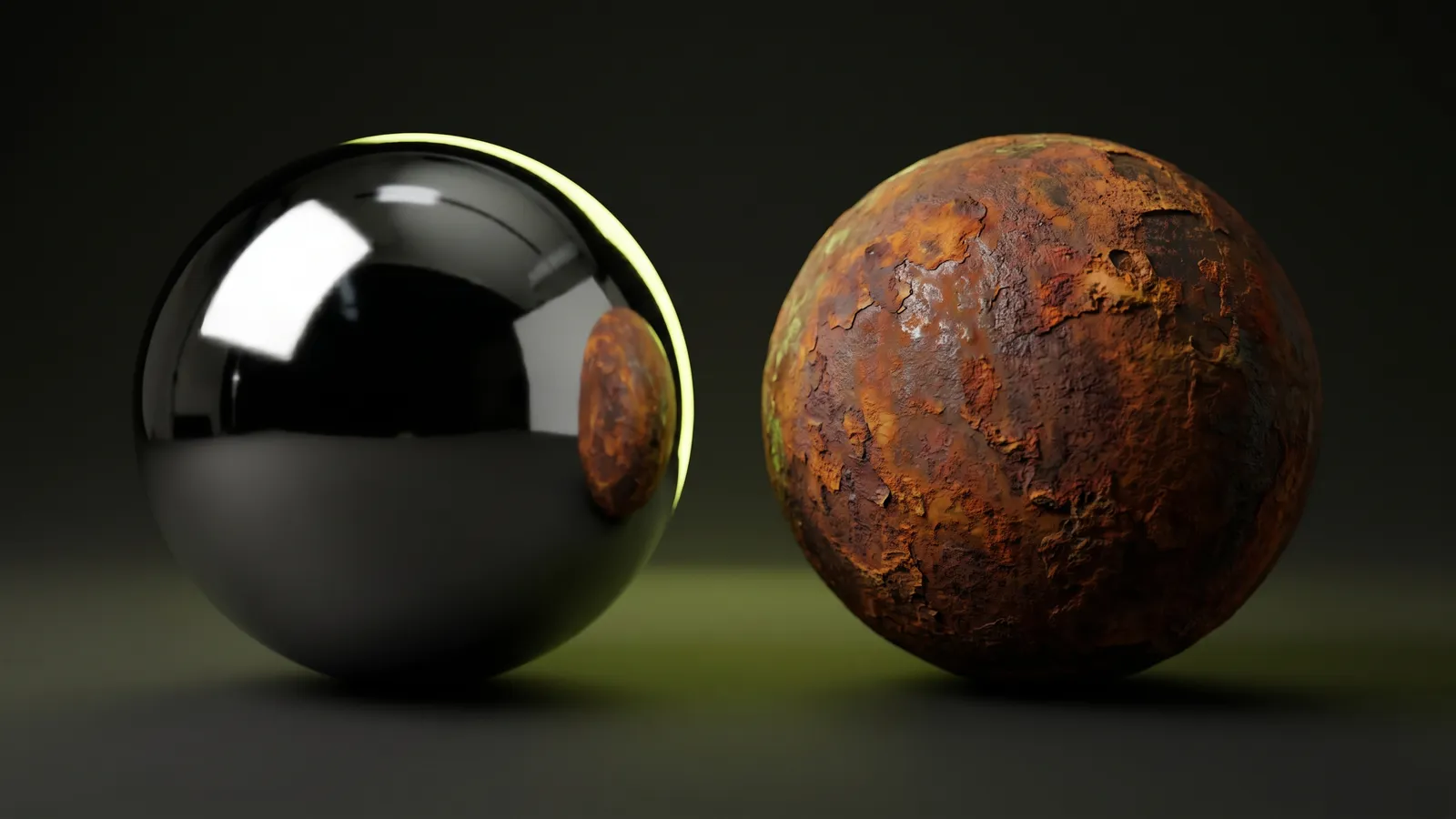 두 구를 비교: 폴리시된 거울 크롬 with sharp 반사 (낮은 러프니스)는 rough oxidized rusted 철 (높은 러프니스) 옆에 있습니다