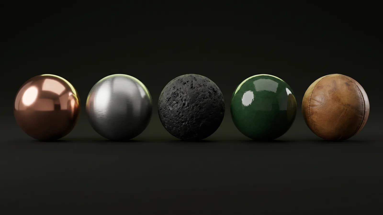 A row of generated PBR material spheres — polished copper, brushed metal, basalt, glazed ceramic, and leather — rendered lit in 3D