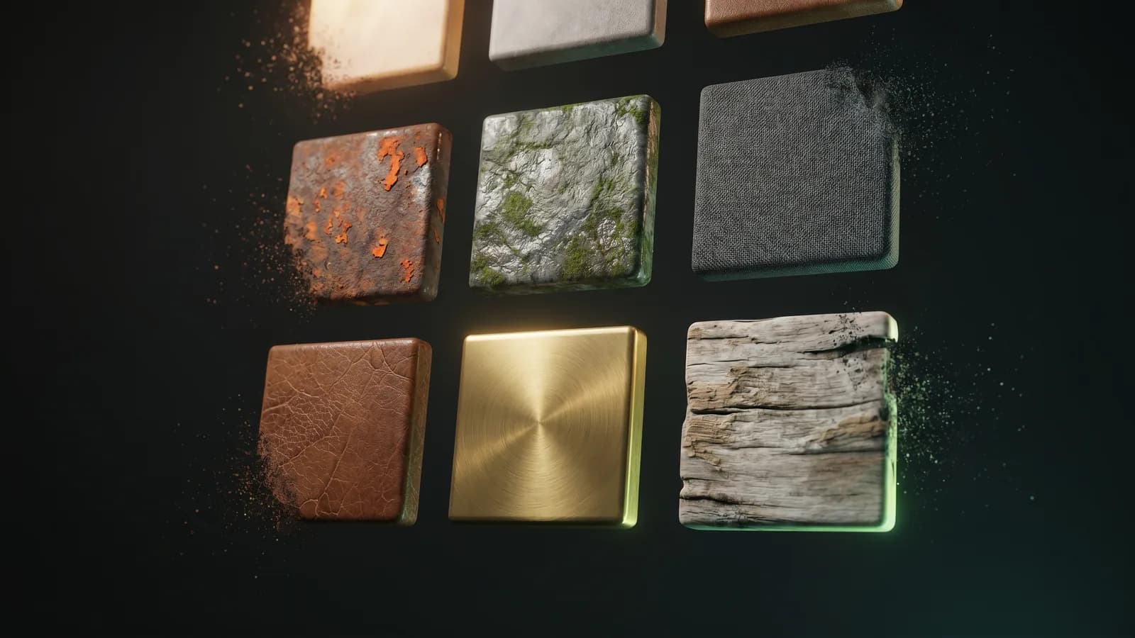 Ein Gitter von PBR-Material-Farbfeldern — Rost, moosiger Stein, Stoff, Leder, Gold, verwittertes Holz — verwandelt sich aus einem Prompt