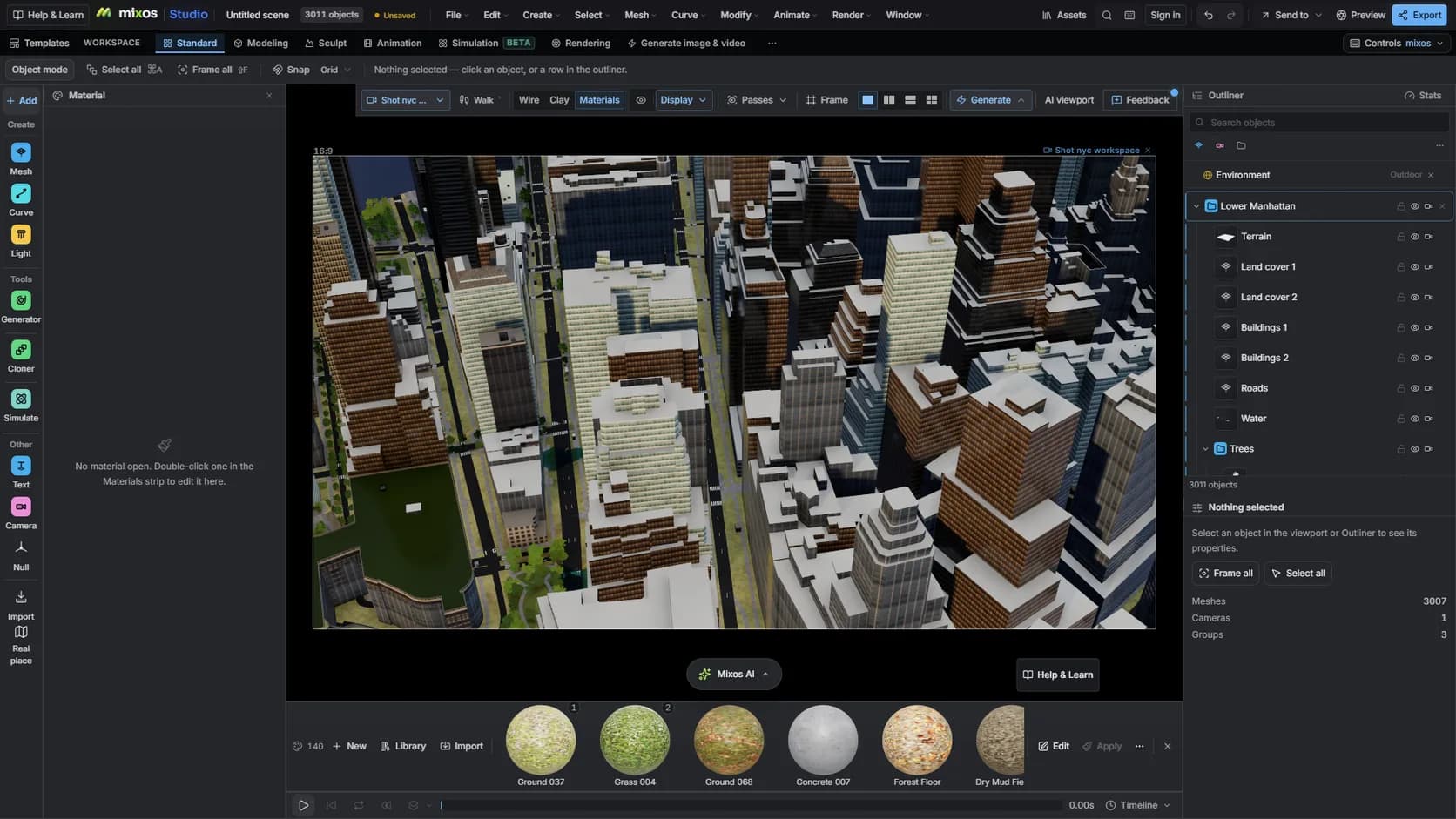 Studio's workspace with Lower Manhattan imported from the map and the Mixos AI dock ready