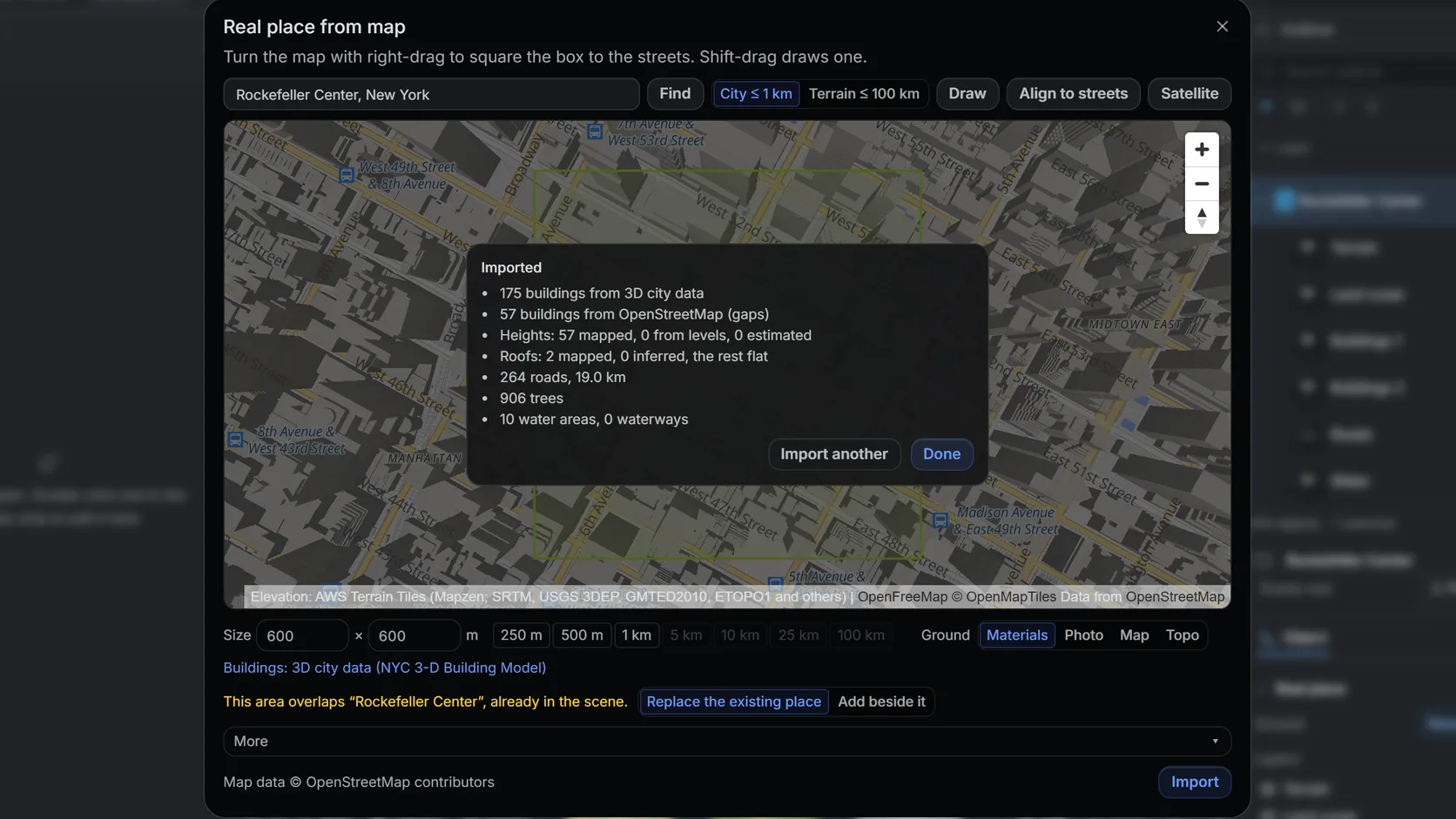 Studio showing an import result that lists mapped and estimated building heights next to the imported city