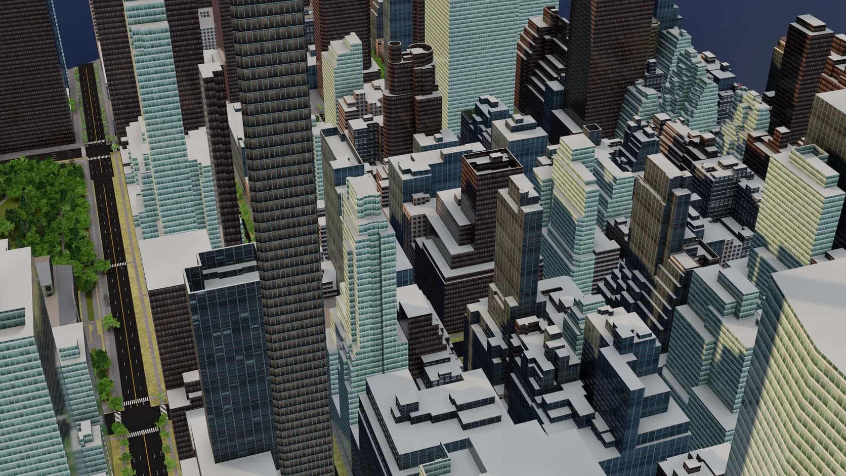 Midtown Manhattan towers with stepped setback roofs beside Bryant Park