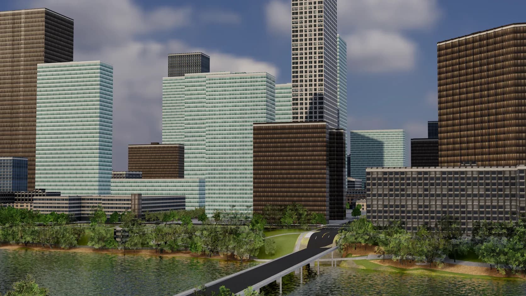 Imported streets of different widths, a river with a bridge, and park areas on real terrain