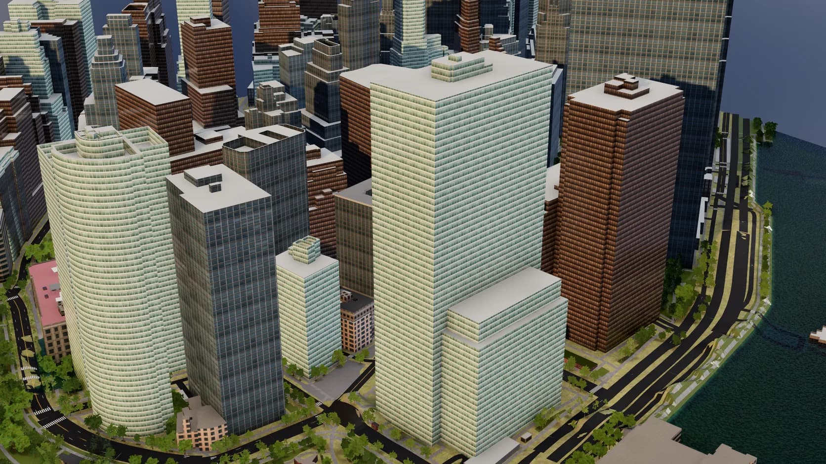 Lower Manhattan's office towers beside the East River, seen from above the harbour side
