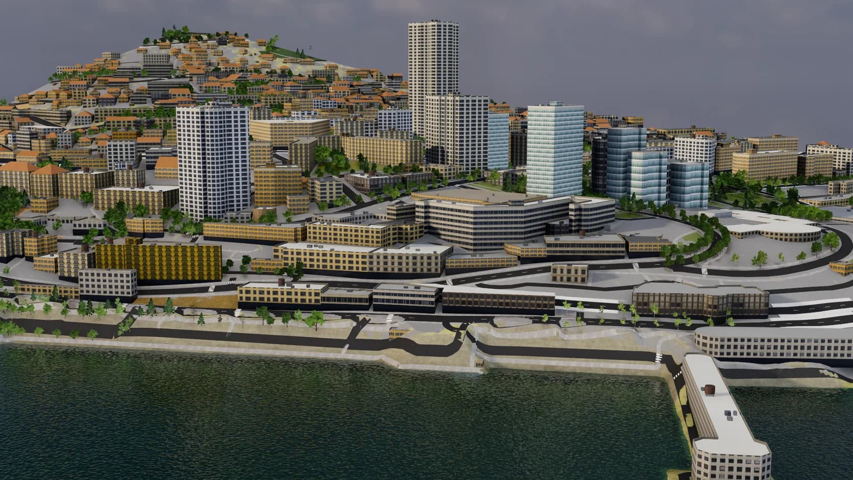 Real terrain with a city and the sea, built from elevation data and OpenStreetMap in Studio