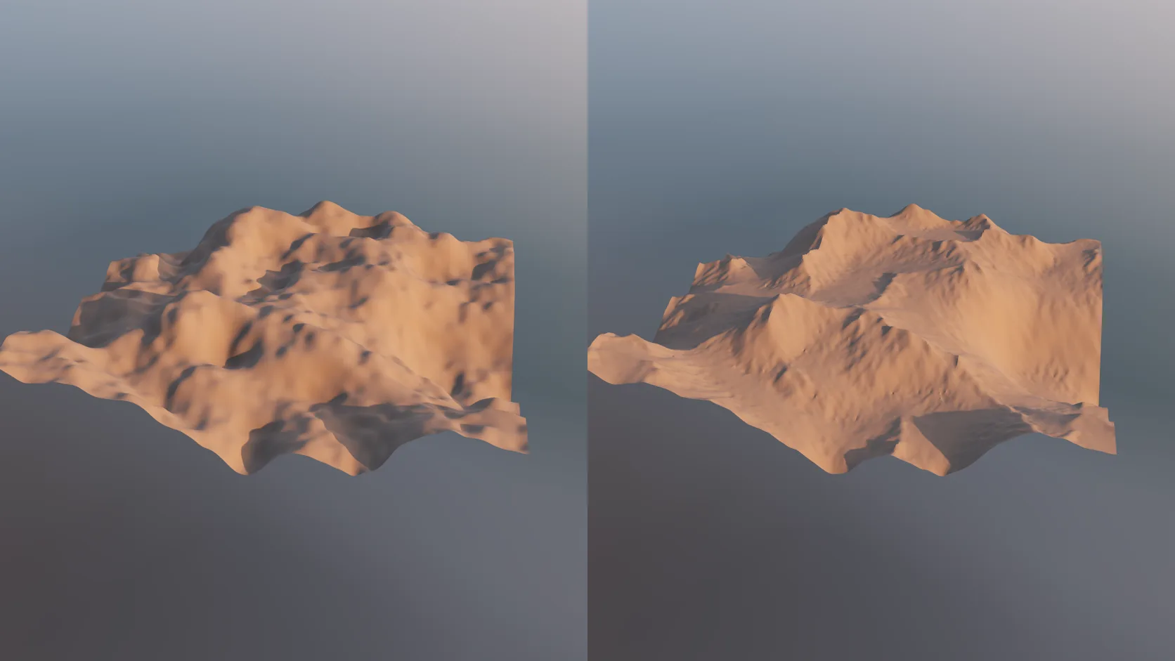 The same terrain before and after an erosion stage, with gullies and sediment fans carved into the slopes