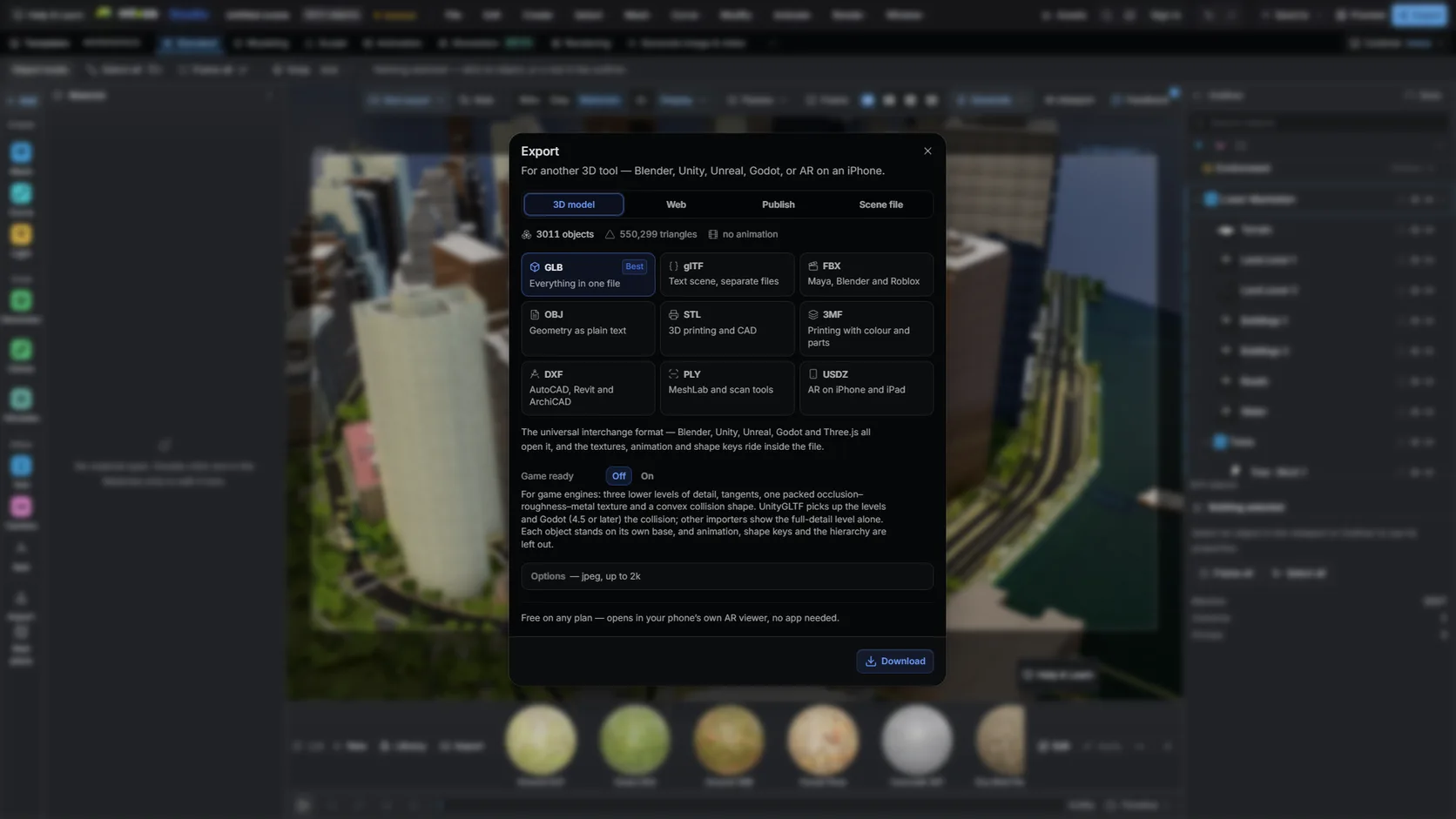 Studio's export dialog with GLB chosen, over an imported Lower Manhattan