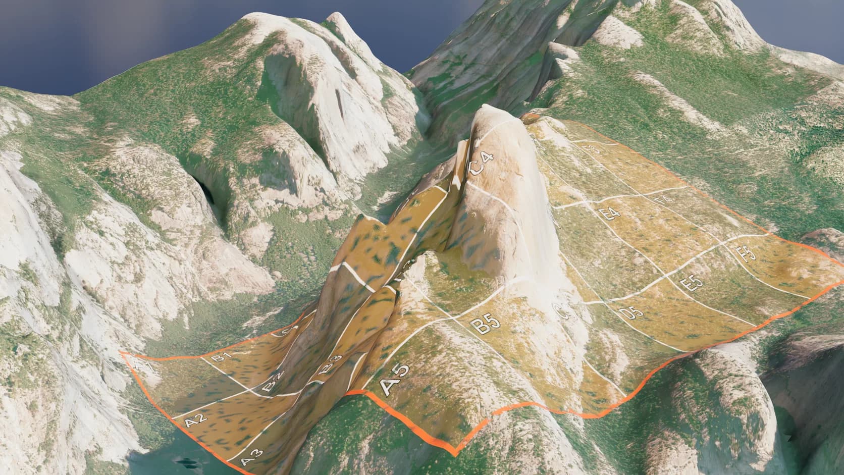 A labelled survey grid image draped over Half Dome, following the cliffs and slopes